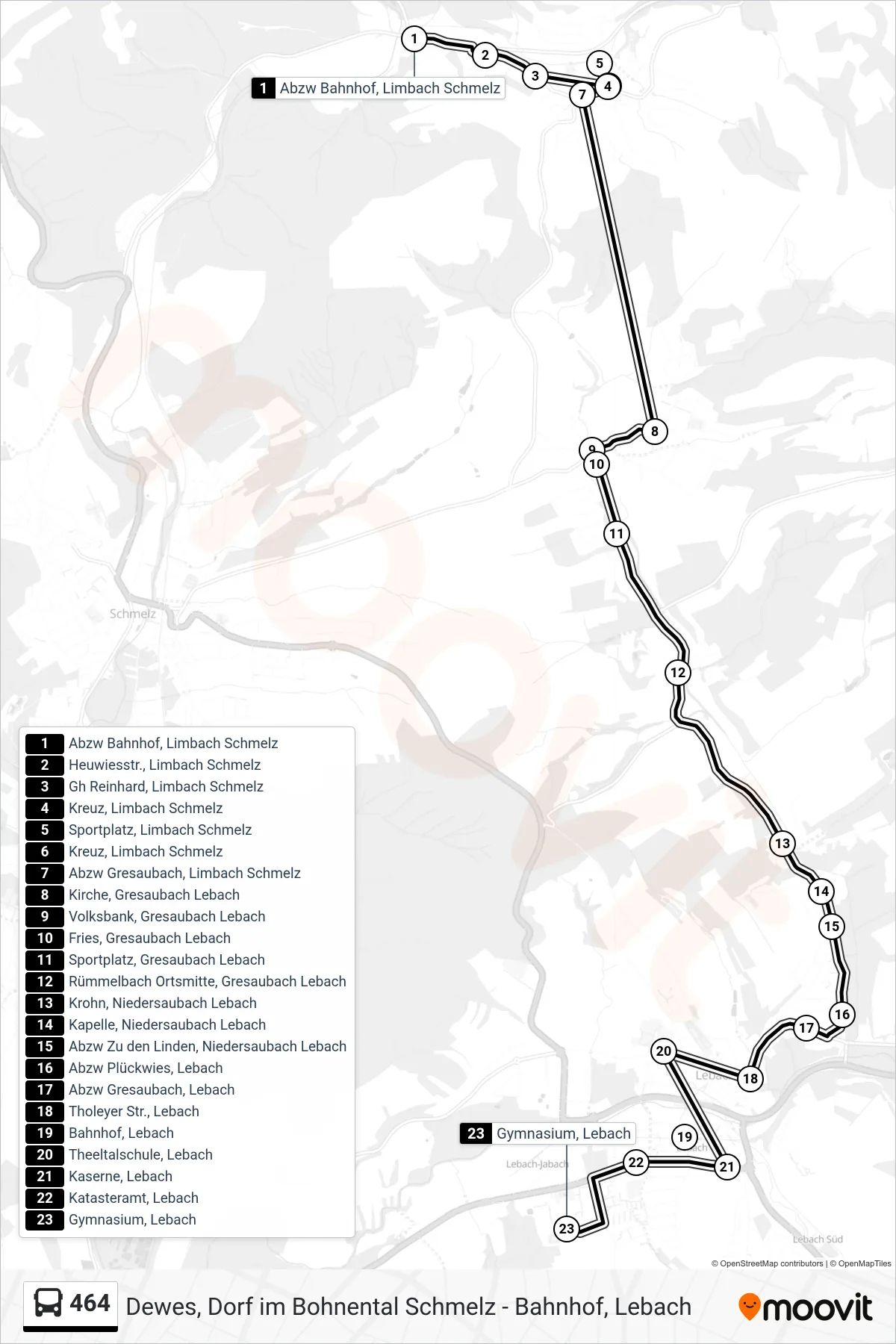 464 bus Line (Gymnasium, Lebach) route and stops on a map