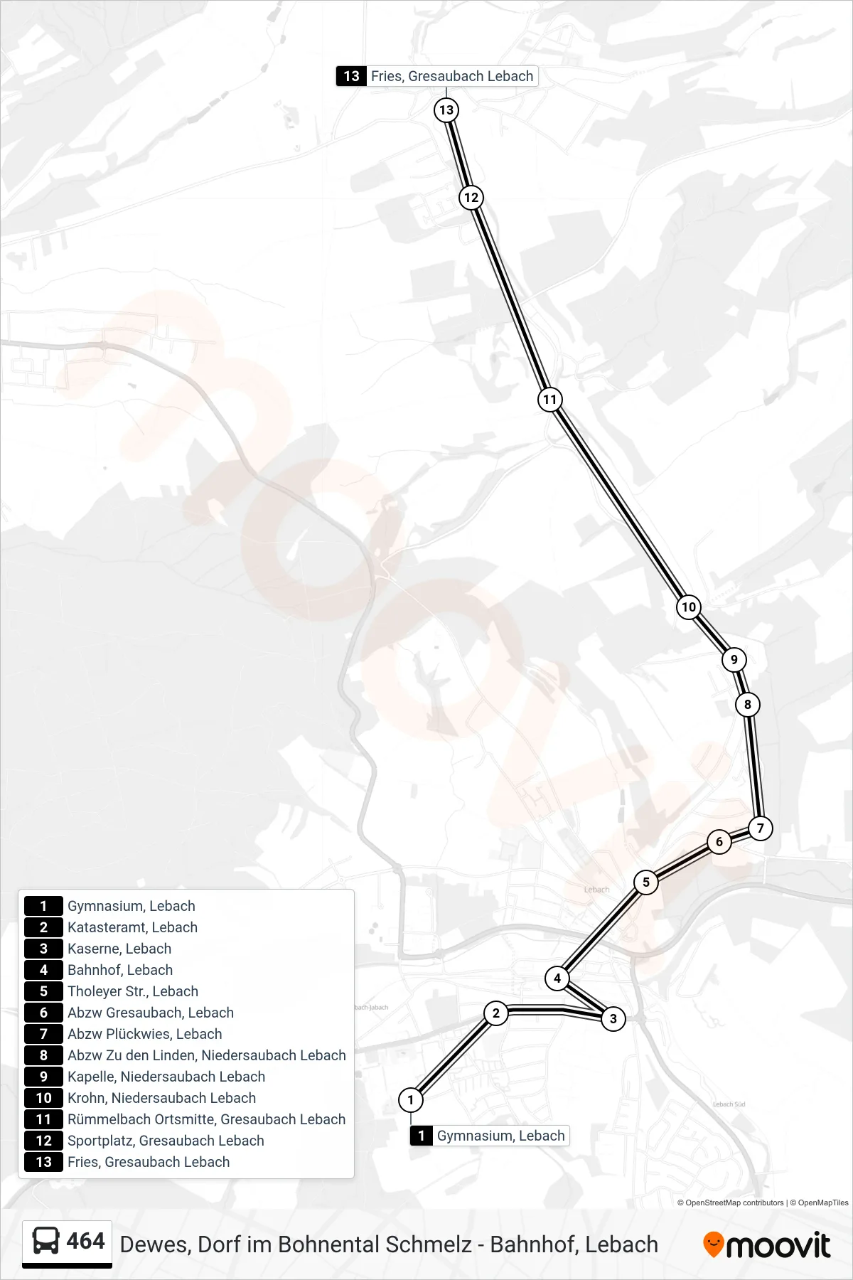 Linie 464 (Bus) Richtung Fries, Gresaubach Lebach: Route und Haltestellen auf der Karte