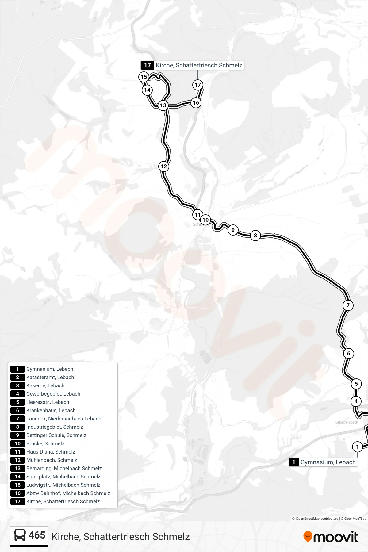 465 bus Line (Kirche, Schattertriesch Schmelz) route and stops on a map