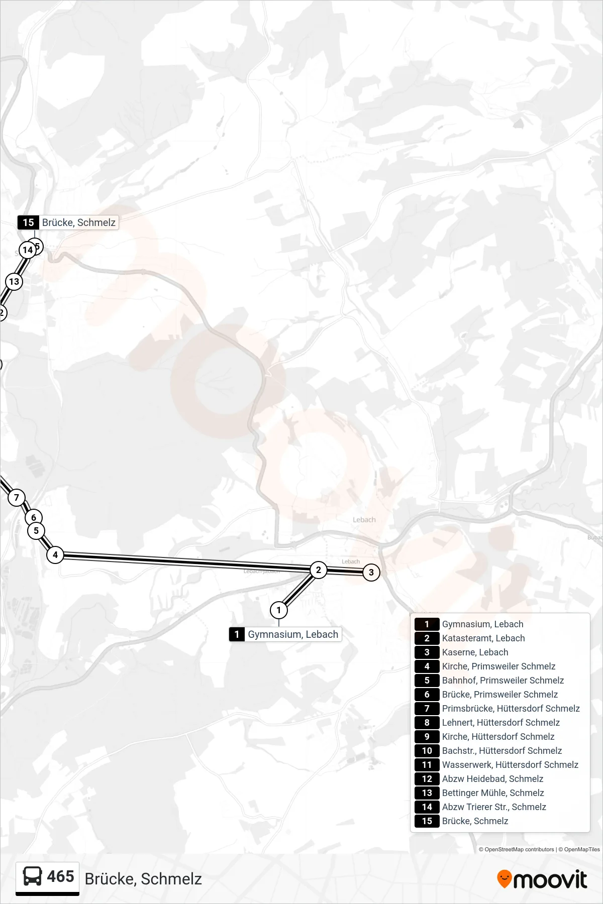 Linie 465 (Bus) Richtung Brücke, Schmelz: Route und Haltestellen auf der Karte