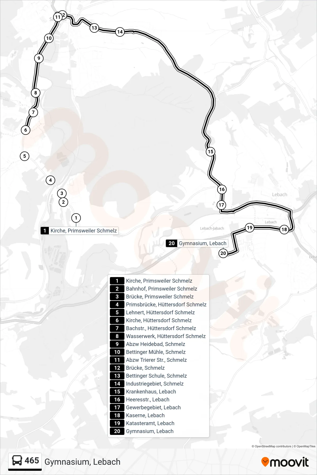465 bus Line (Gymnasium, Lebach) route and stops on a map
