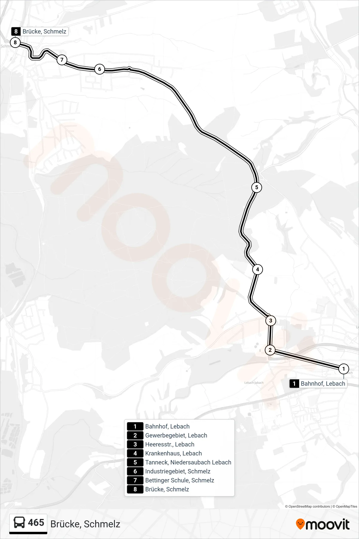 465 bus Line (Brücke, Schmelz) route and stops on a map