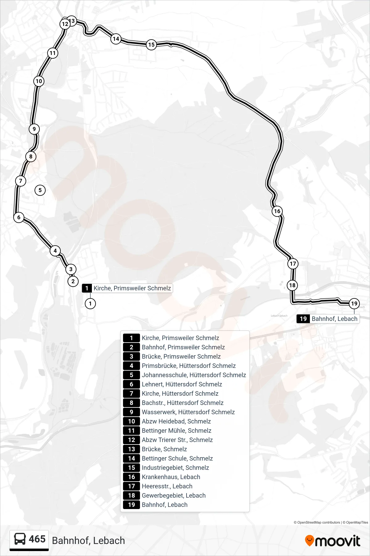 465 bus Line (Bahnhof, Lebach) route and stops on a map