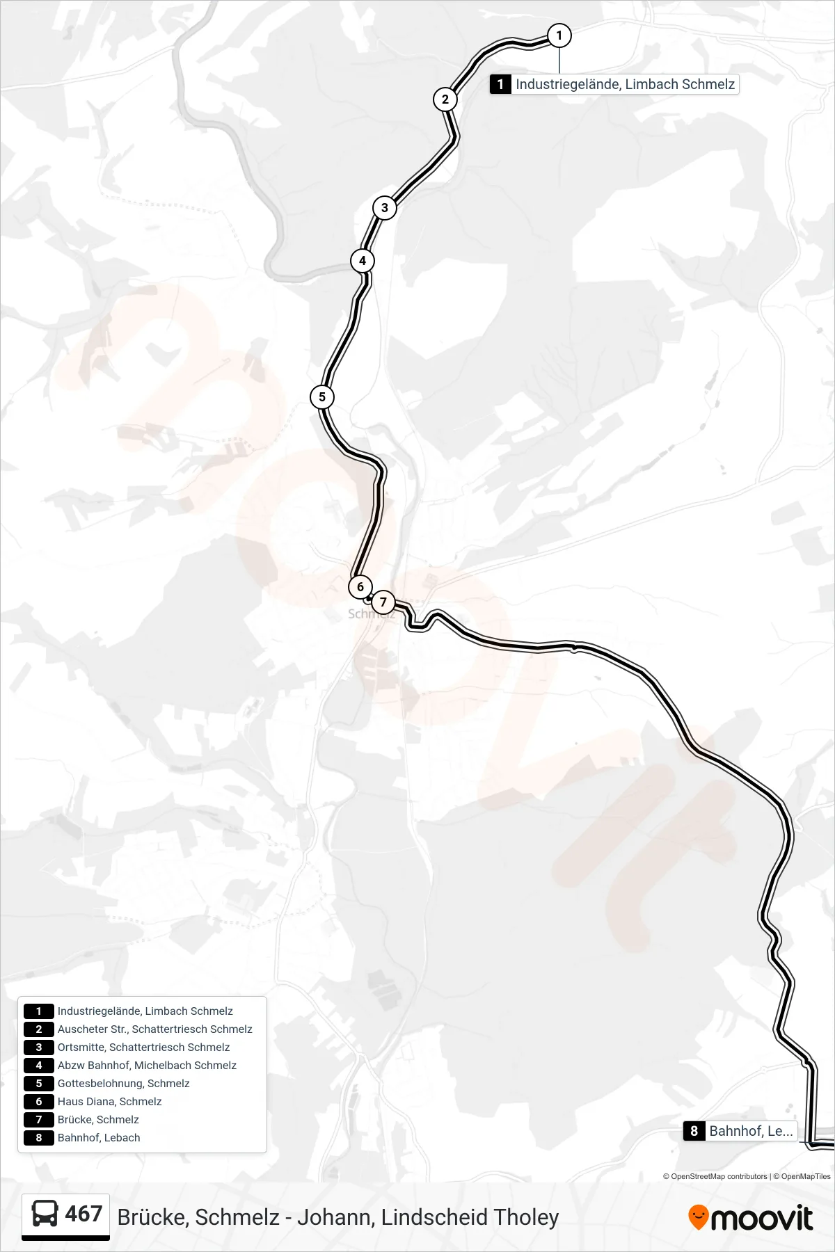 467 bus Line (Bahnhof, Lebach) route and stops on a map