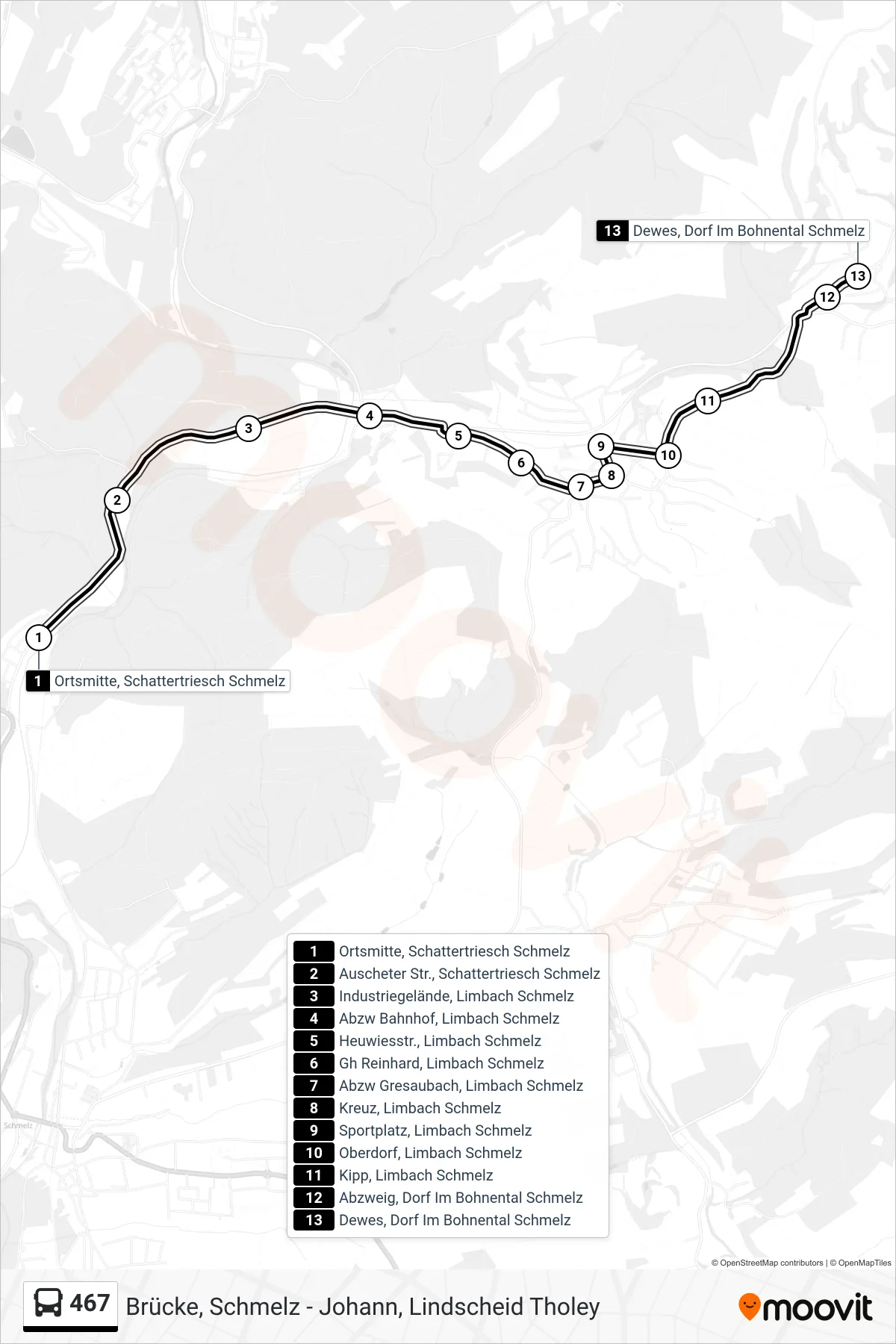 Linie 467 (Bus) Richtung Dewes, Dorf Im Bohnental Schmelz: Route und Haltestellen auf der Karte