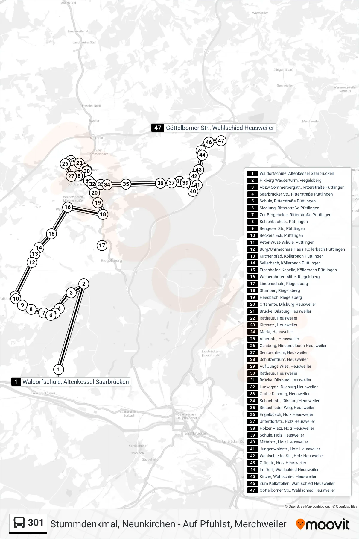301 bus Line (Göttelborner Str., Wahlschied Heusweiler) route and stops on a map