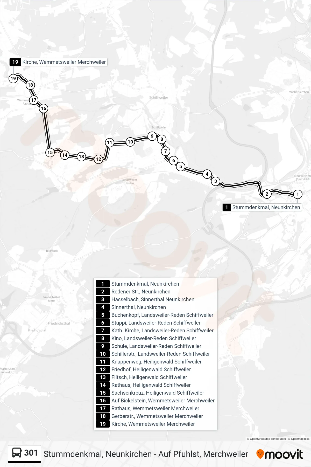 301 bus Line (Kirche, Wemmetsweiler Merchweiler) route and stops on a map