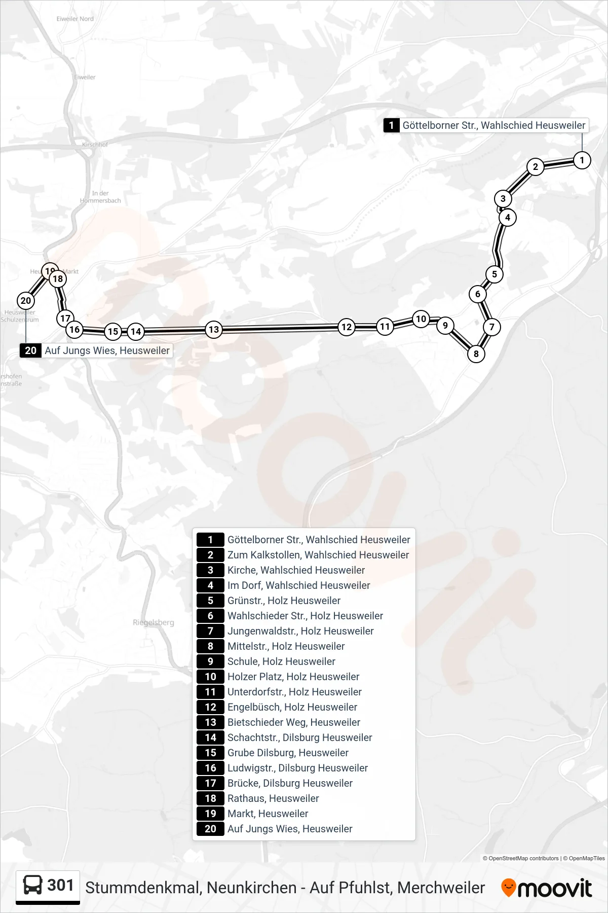 301 bus Line (Auf Jungs Wies, Heusweiler) route and stops on a map