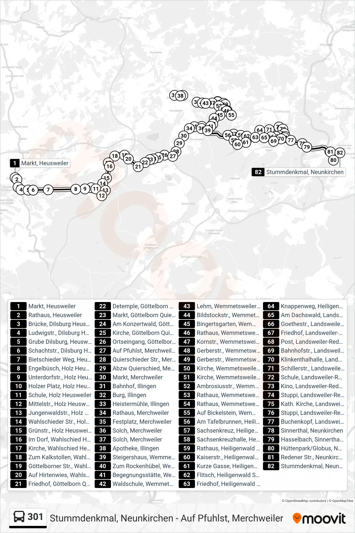 301 bus Line (Stummdenkmal, Neunkirchen) route and stops on a map
