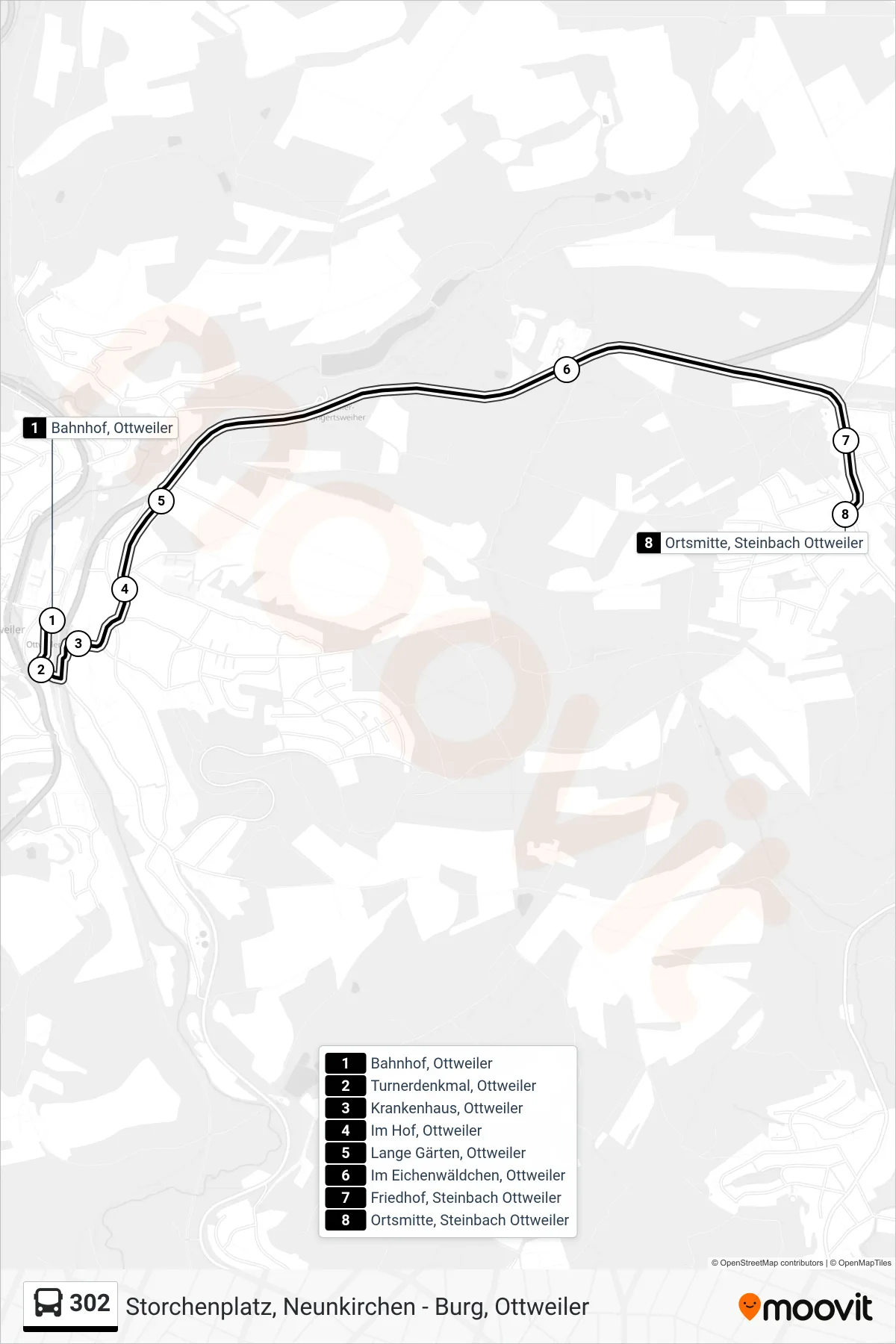 302 bus Line (Ortsmitte, Steinbach Ottweiler) route and stops on a map