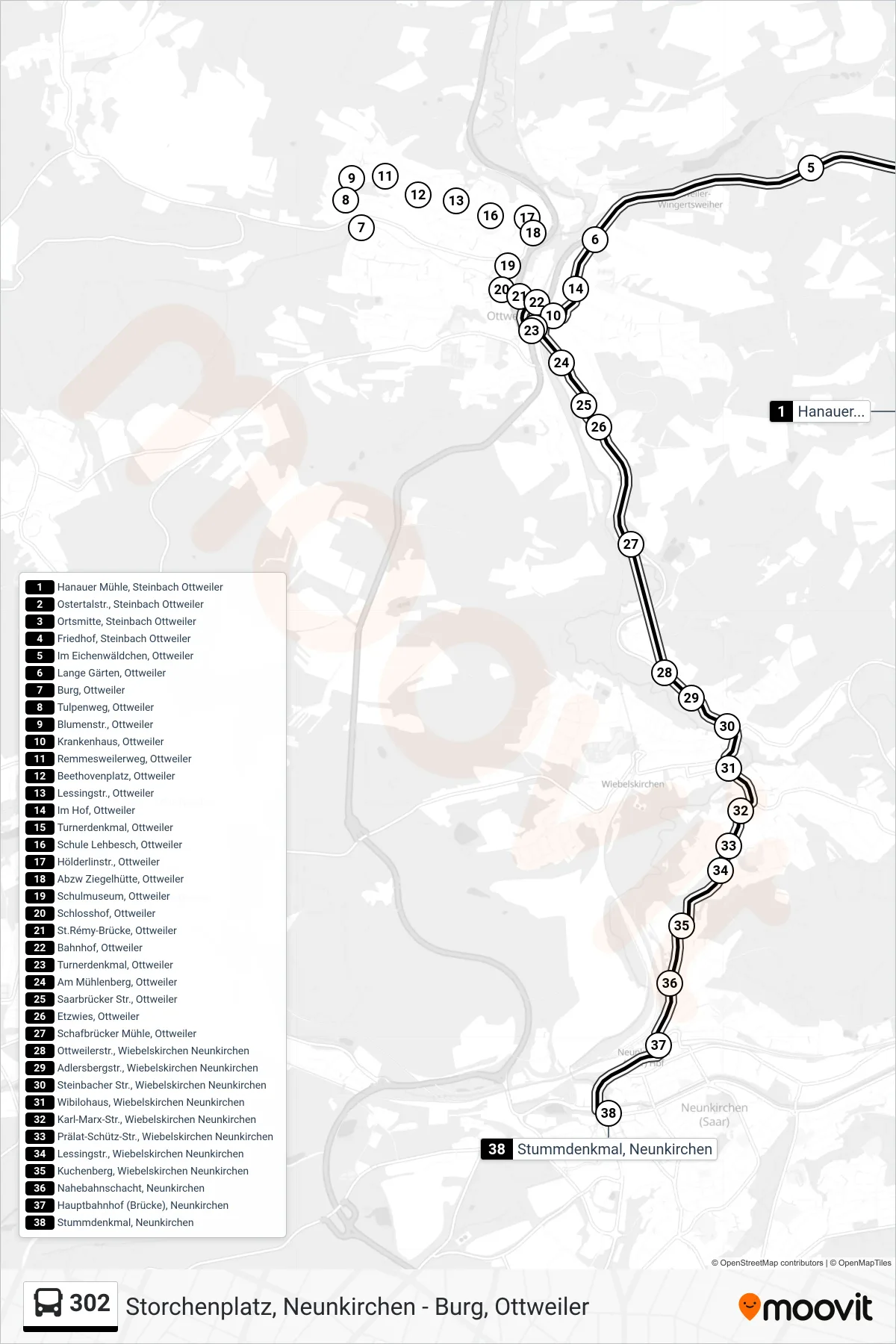 302 bus Line (Stummdenkmal, Neunkirchen) route and stops on a map
