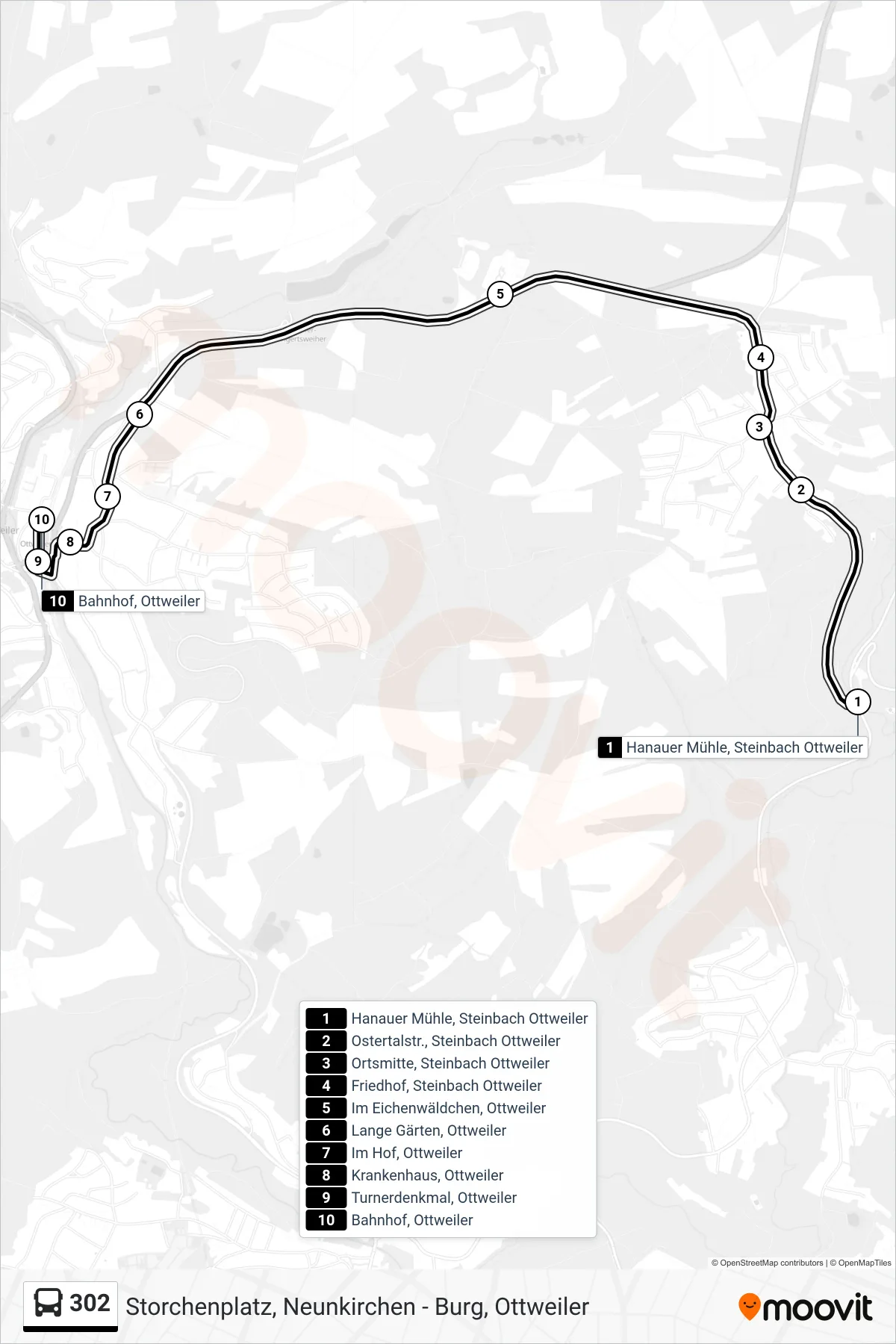 302 bus Line (Bahnhof, Ottweiler) route and stops on a map