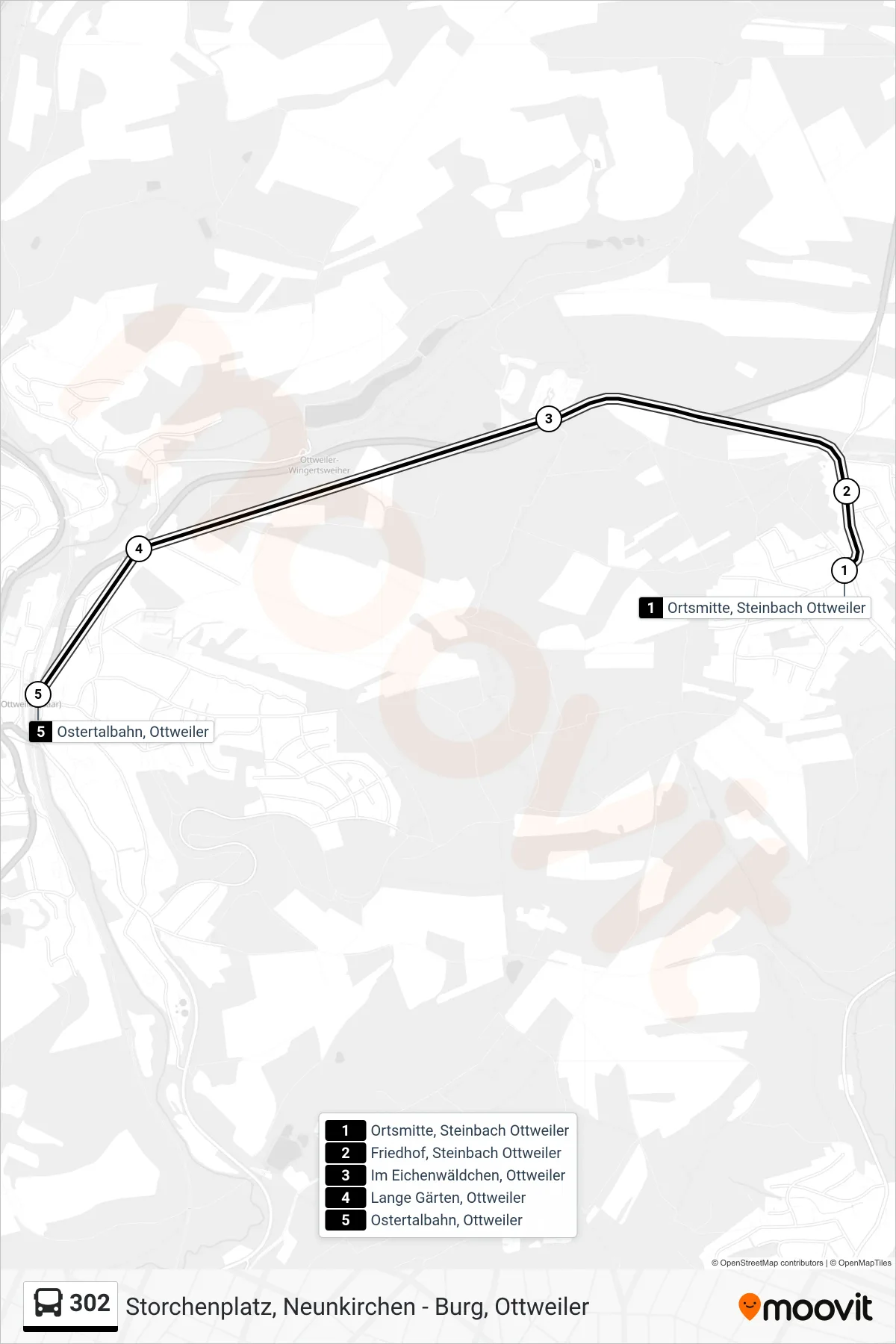 302 bus Line (Ostertalbahn, Ottweiler) route and stops on a map