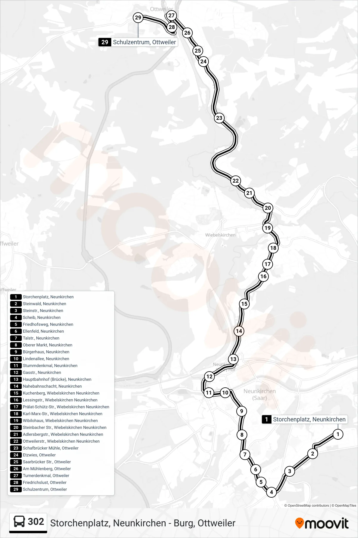 302 bus Line (Schulzentrum, Ottweiler) route and stops on a map