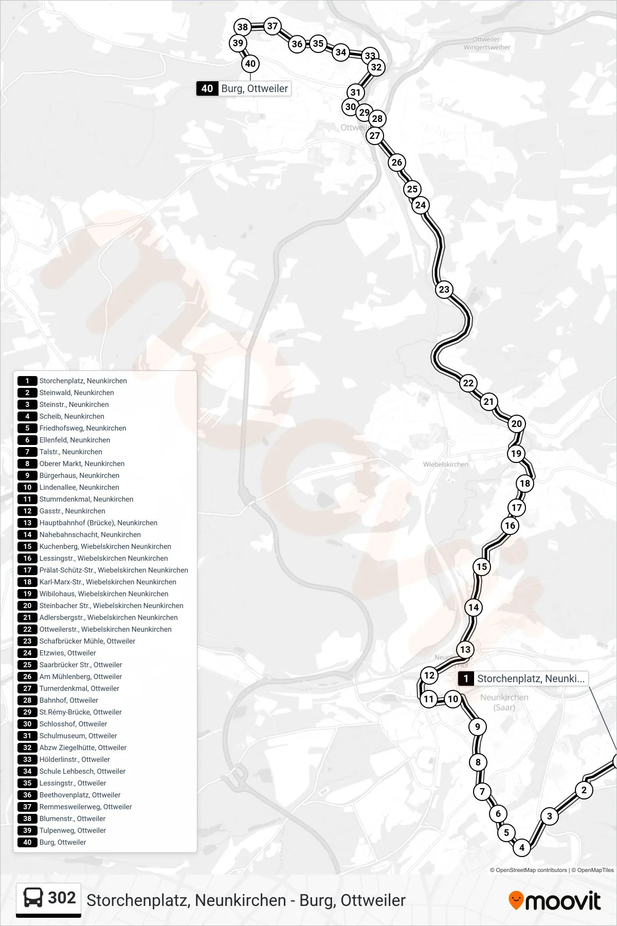 302 bus Line (Burg, Ottweiler) route and stops on a map