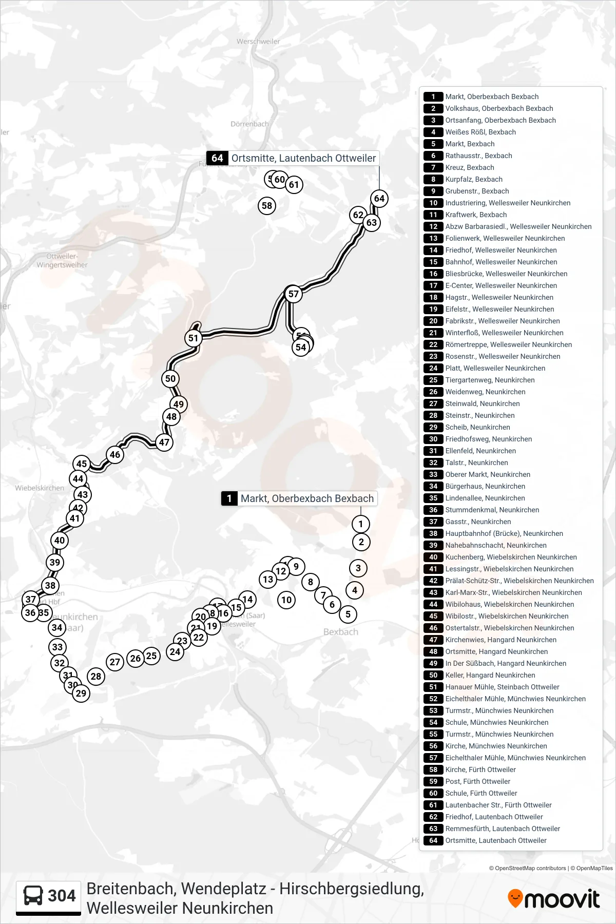 304 bus Line (Ortsmitte, Lautenbach Ottweiler) route and stops on a map