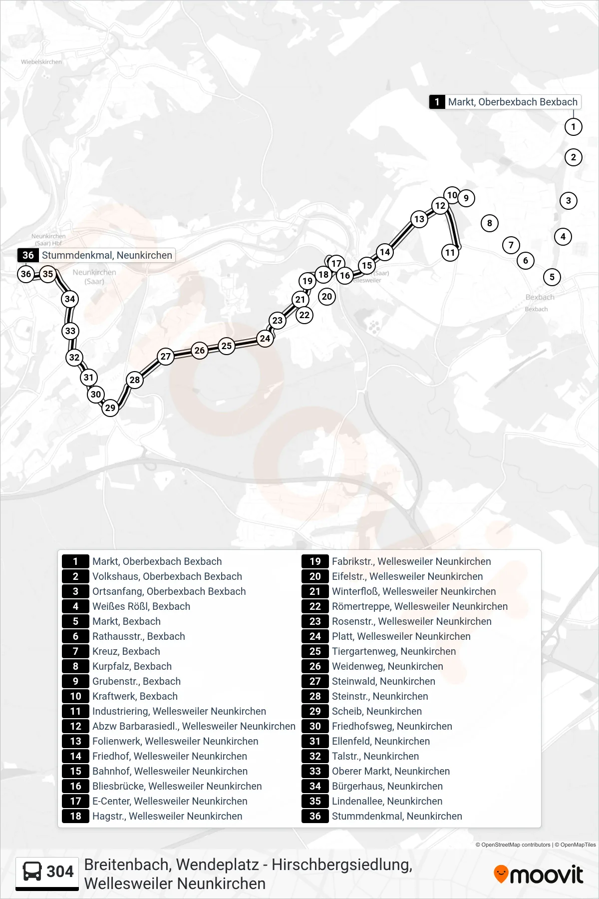 304 bus Line (Stummdenkmal, Neunkirchen) route and stops on a map