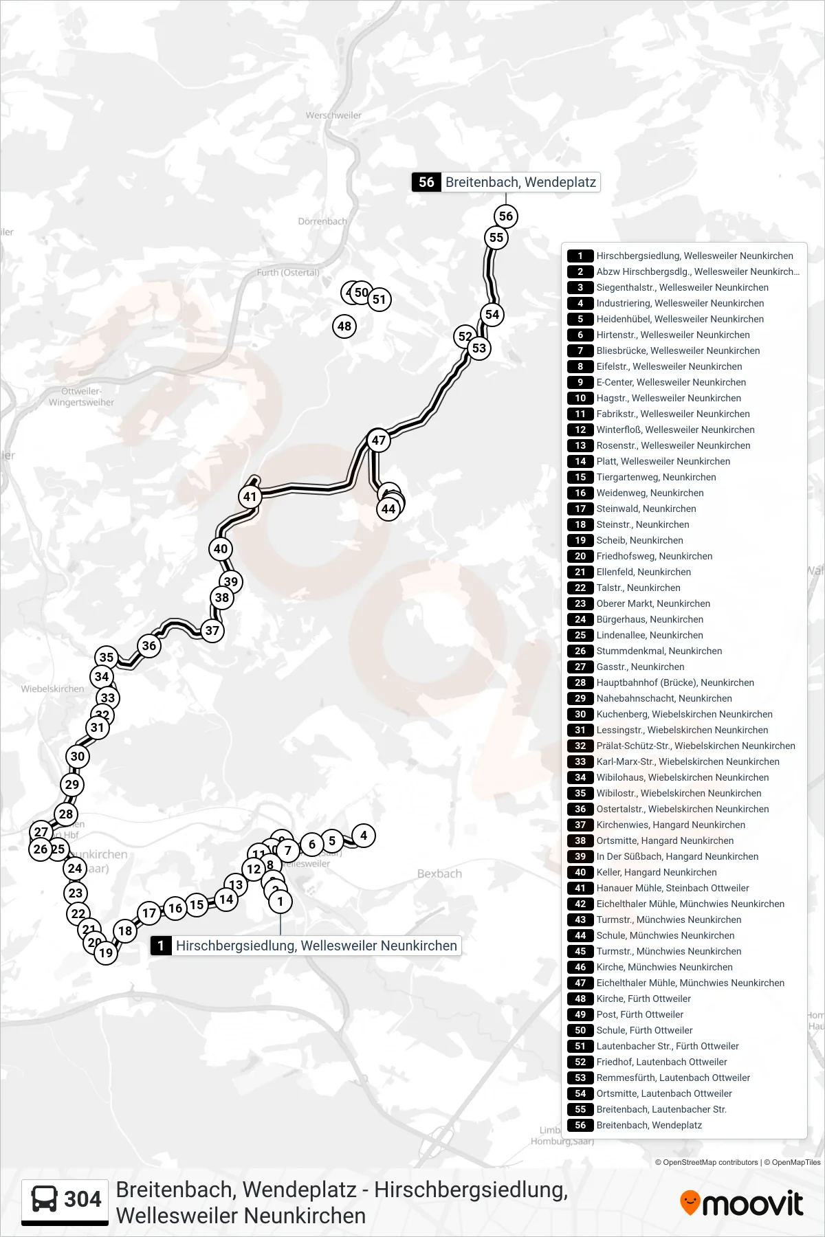304 bus Line (Breitenbach, Wendeplatz) route and stops on a map