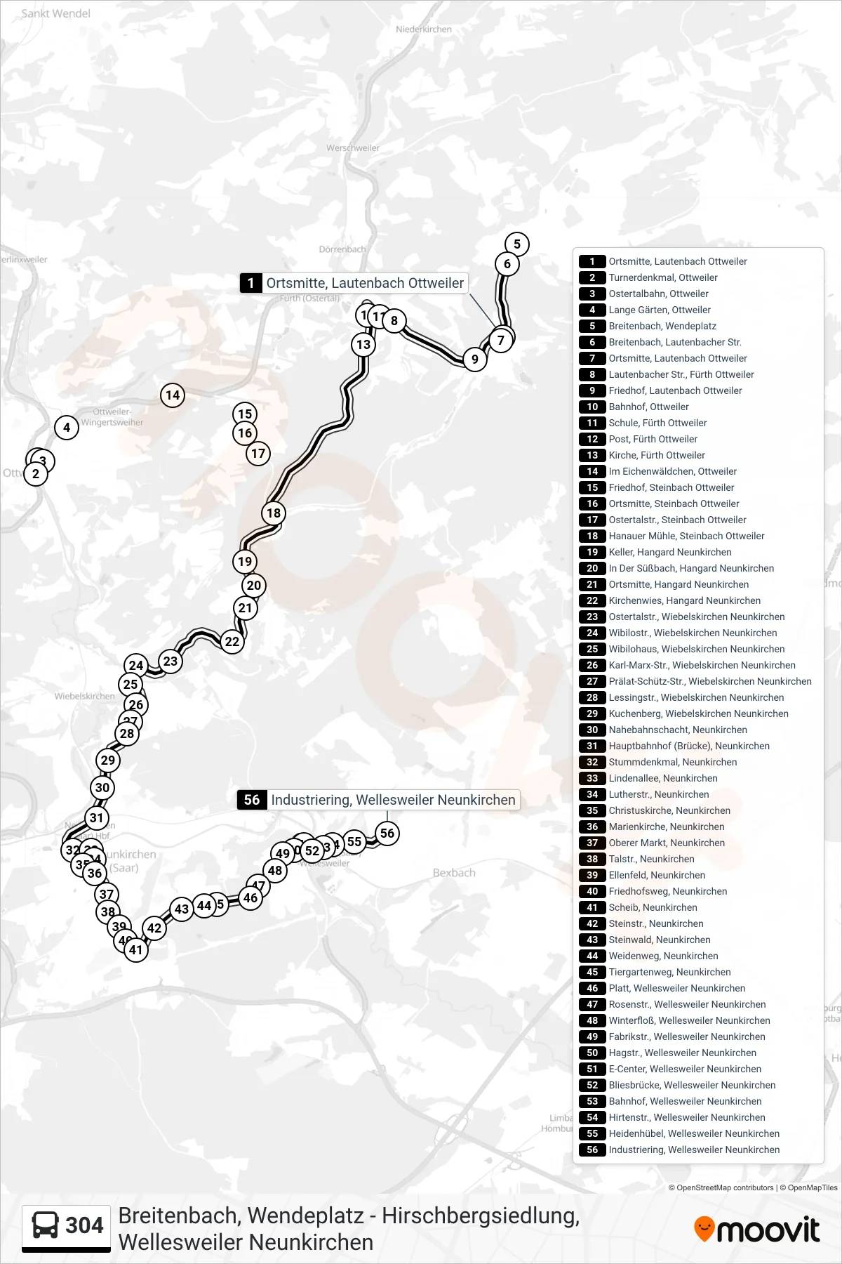 304 bus Line (Industriering, Wellesweiler Neunkirchen) route and stops on a map