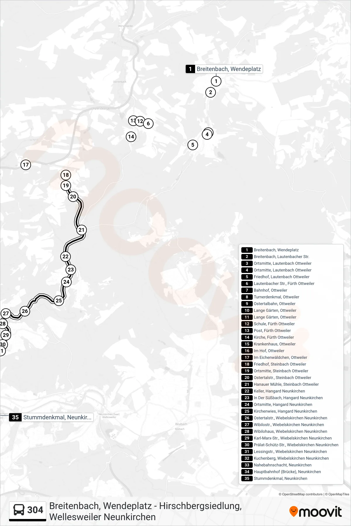 304 bus Line (Stummdenkmal, Neunkirchen) route and stops on a map