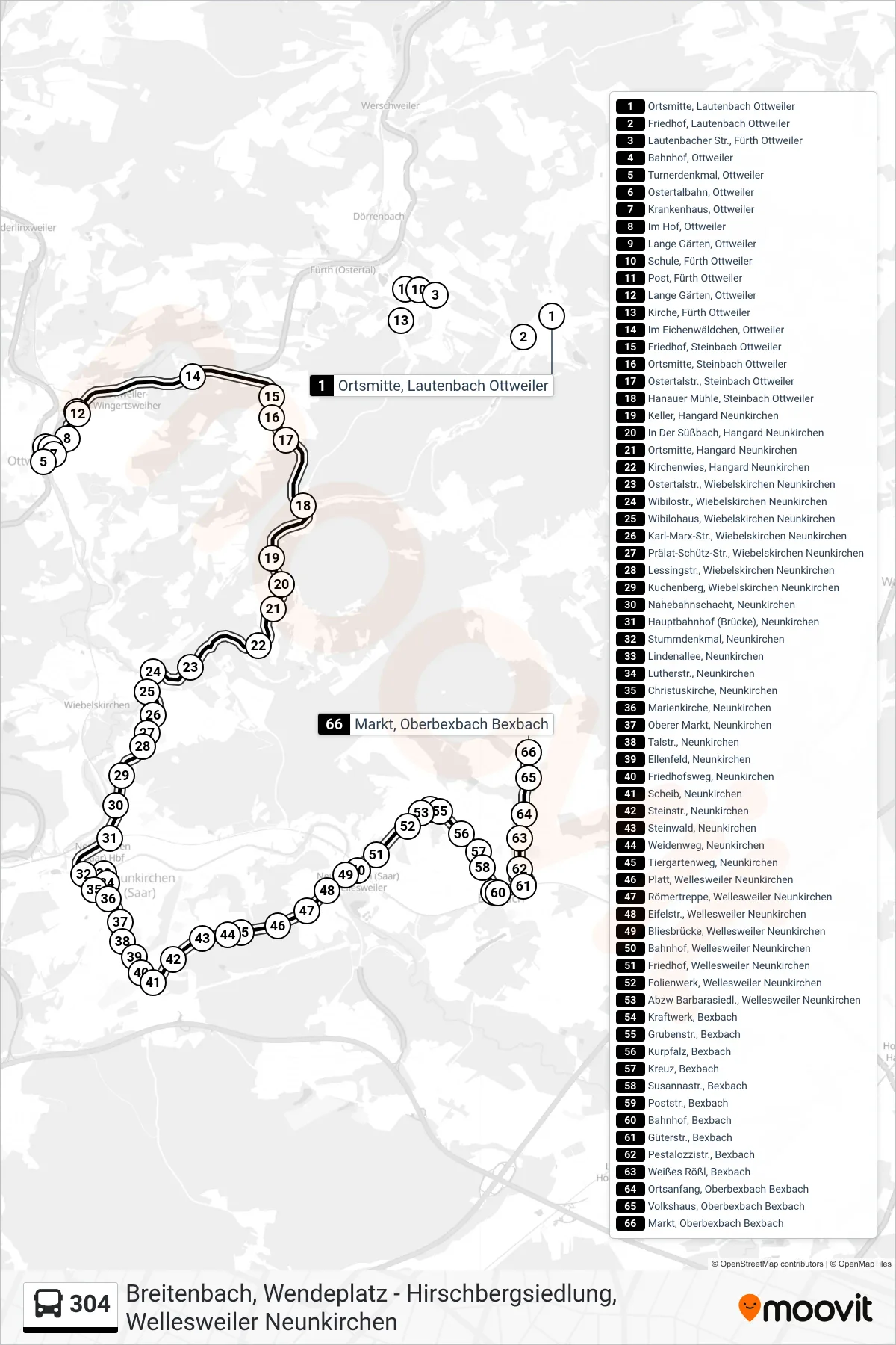 304 bus Line (Markt, Oberbexbach Bexbach) route and stops on a map