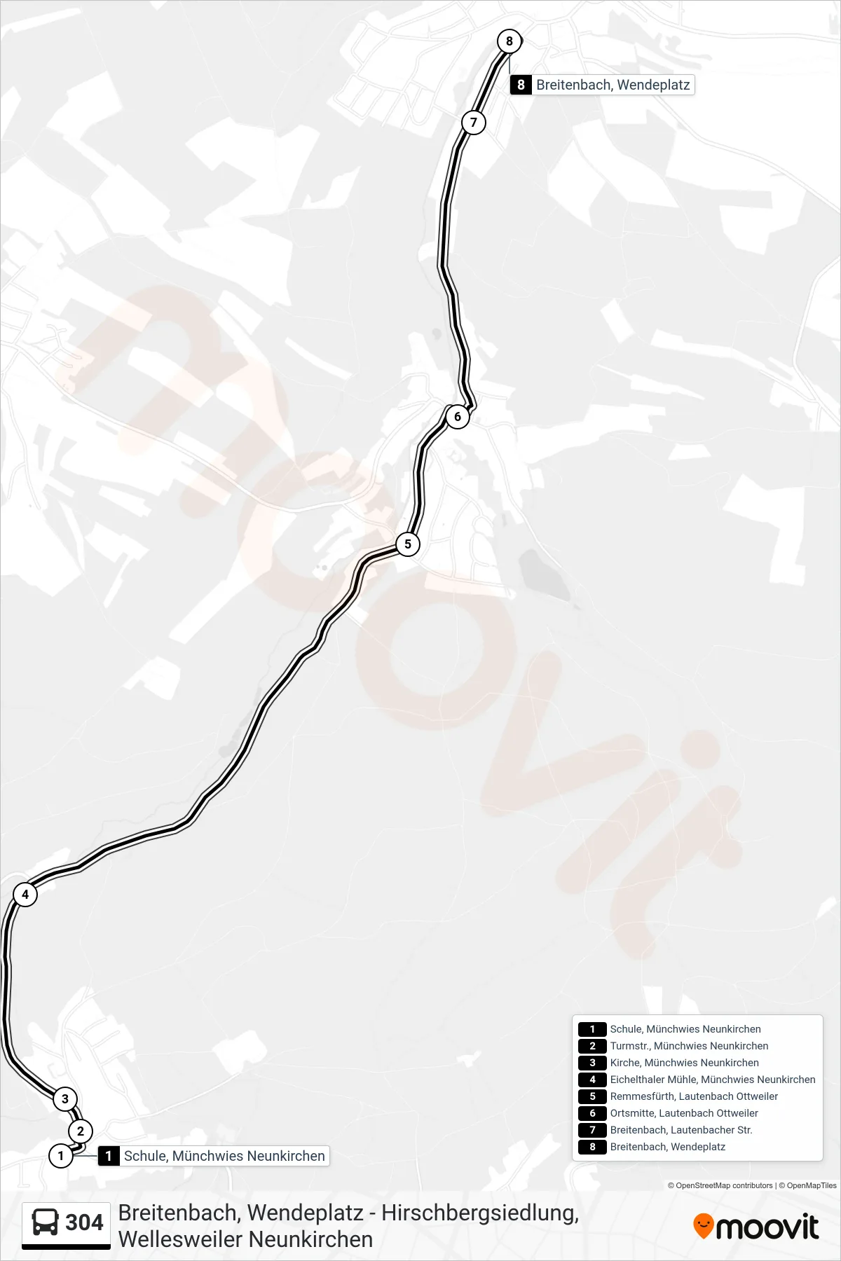 Linie 304 (Bus) Richtung Breitenbach, Wendeplatz: Route und Haltestellen auf der Karte
