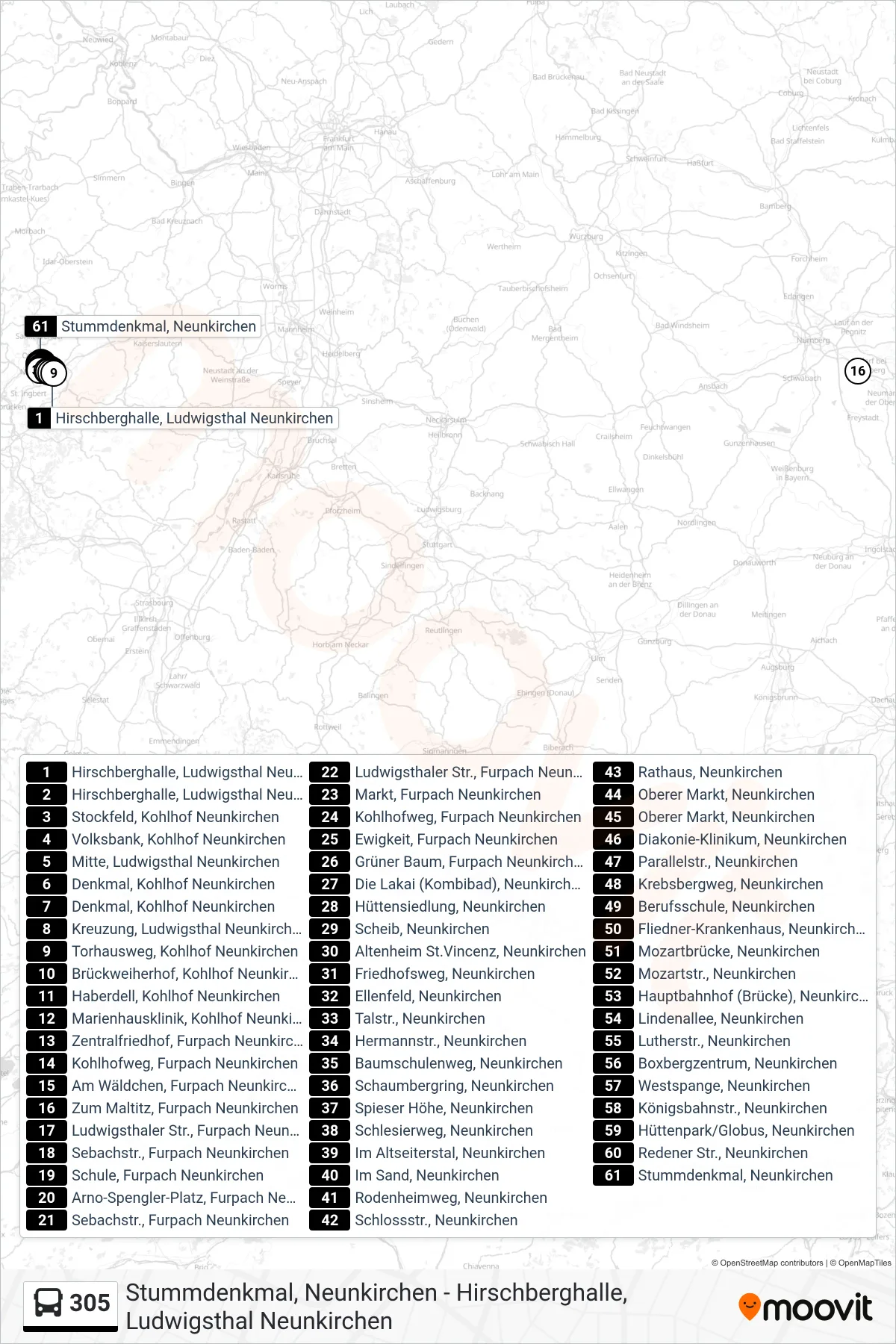 305 bus Line (Stummdenkmal, Neunkirchen) route and stops on a map