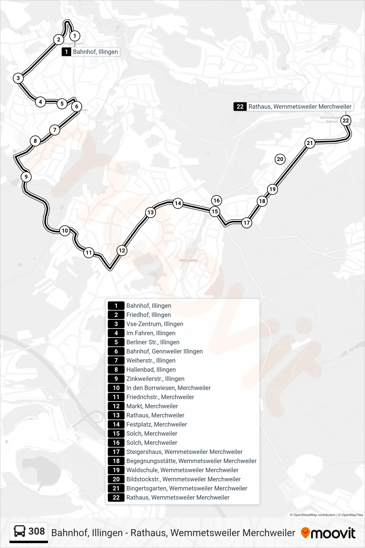 308 bus Line (Rathaus, Wemmetsweiler Merchweiler) route and stops on a map