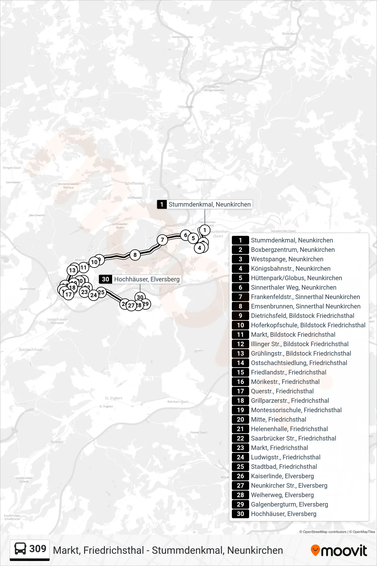 309 bus Line (Hochhäuser, Elversberg) route and stops on a map