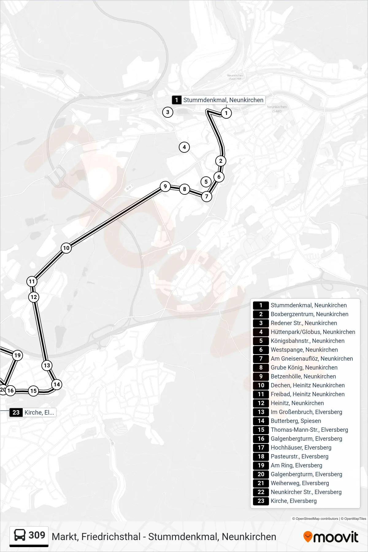 309 bus Line (Kirche, Elversberg) route and stops on a map