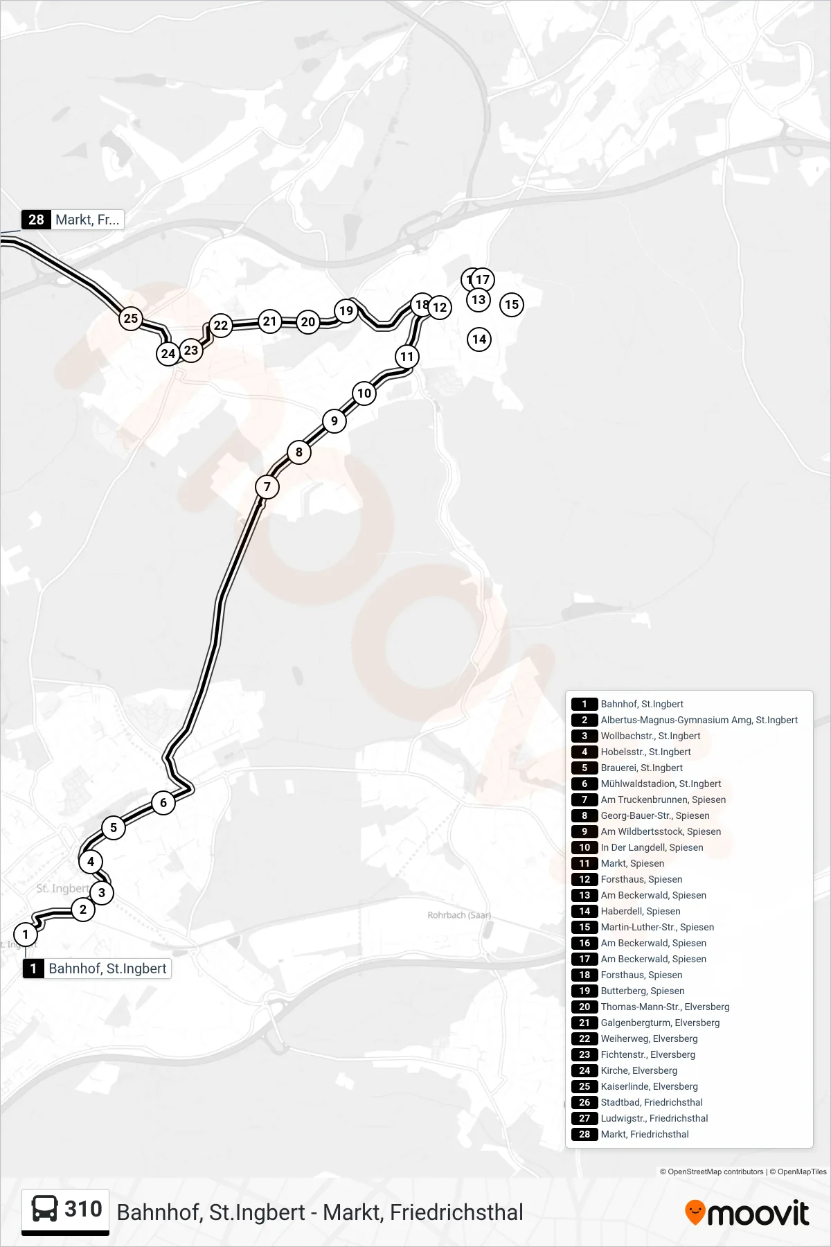 310 bus Line (Markt, Friedrichsthal) route and stops on a map