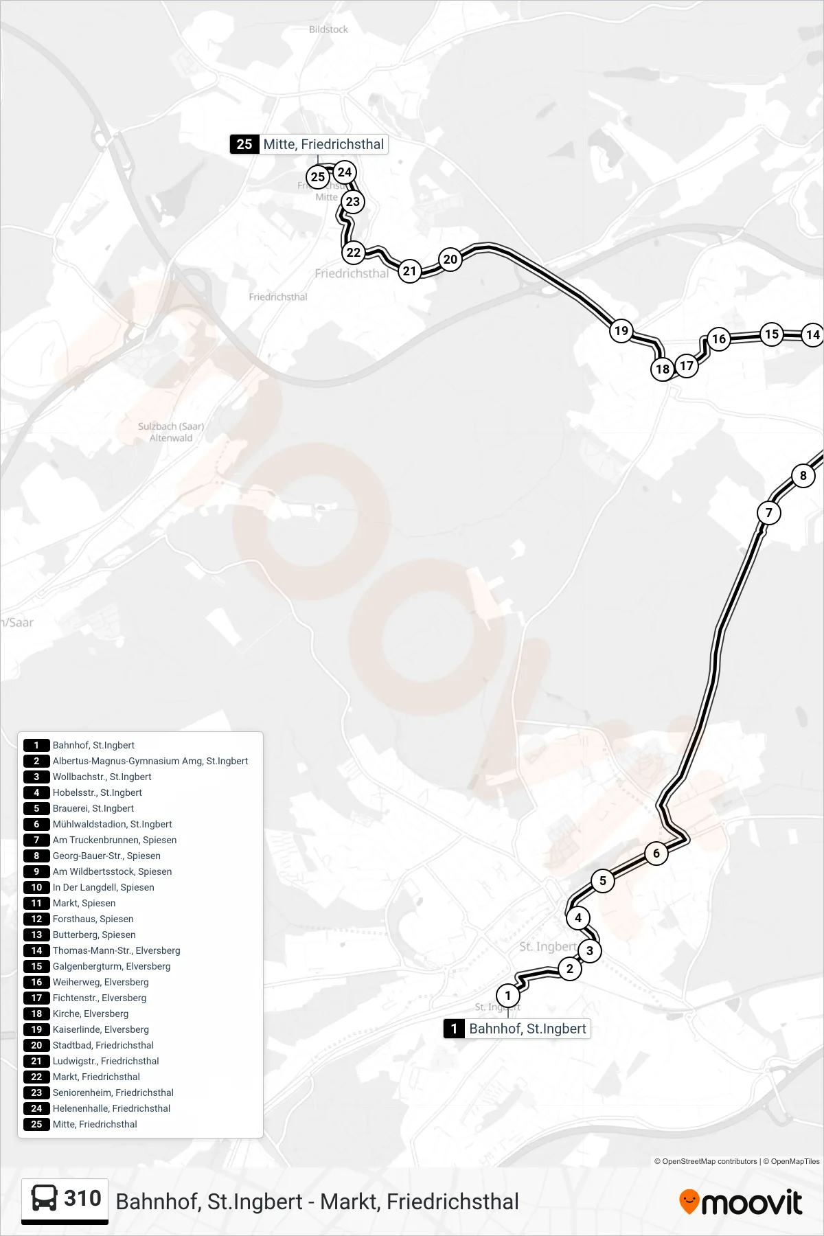Linie 310 (Bus) Richtung Mitte, Friedrichsthal: Route und Haltestellen auf der Karte