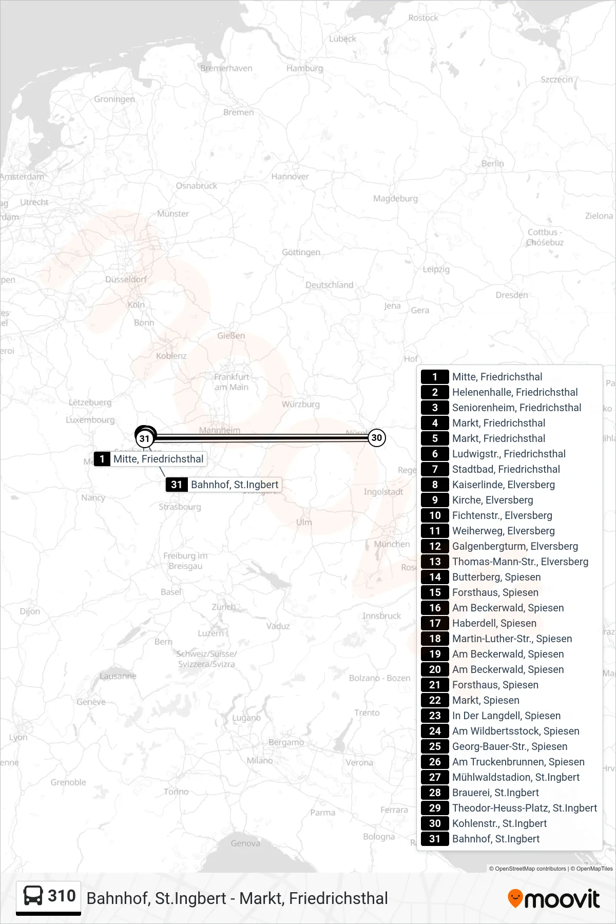 310 bus Line (Bahnhof, St.Ingbert) route and stops on a map