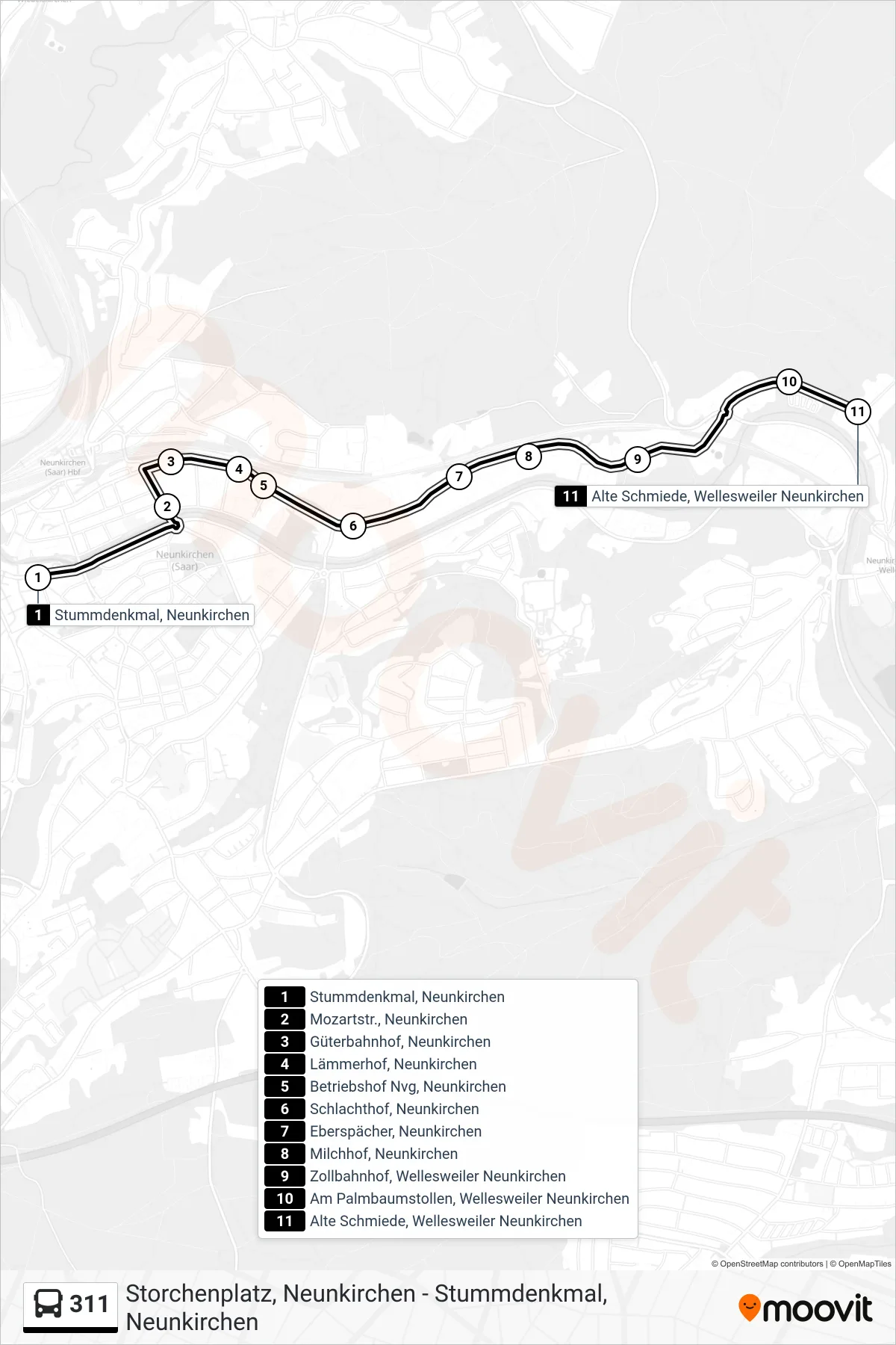 311 bus Line (Alte Schmiede, Wellesweiler Neunkirchen) route and stops on a map