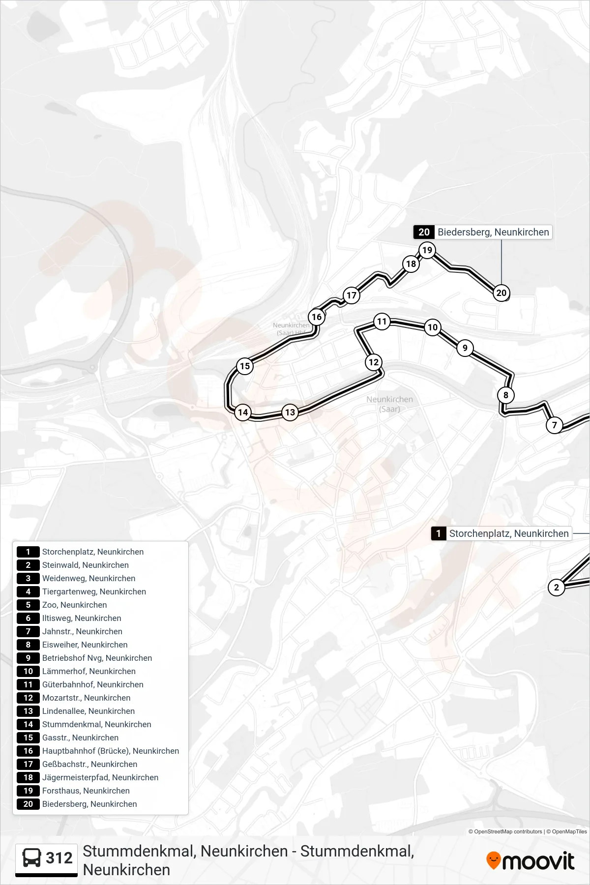 312 bus Line (Biedersberg, Neunkirchen) route and stops on a map