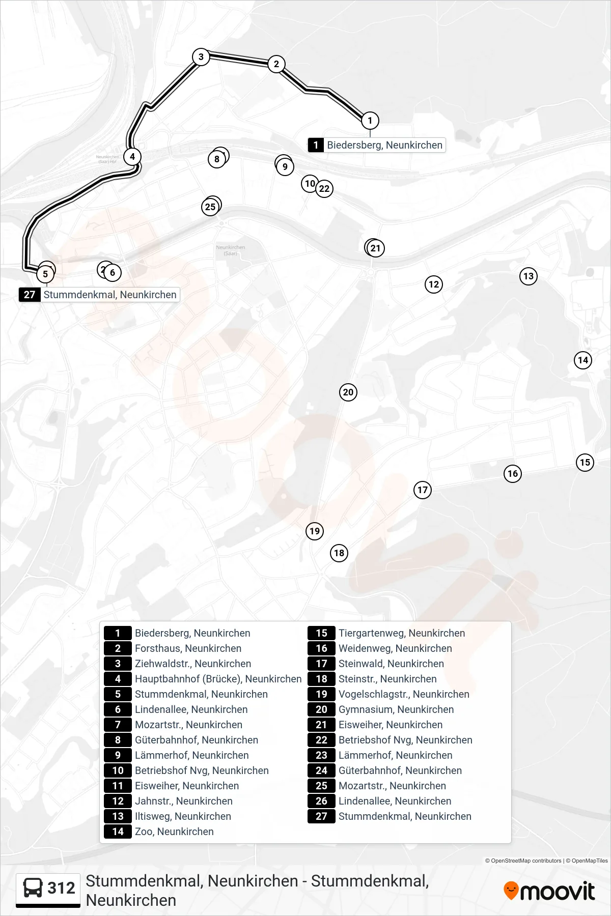 312 bus Line (Stummdenkmal, Neunkirchen) route and stops on a map