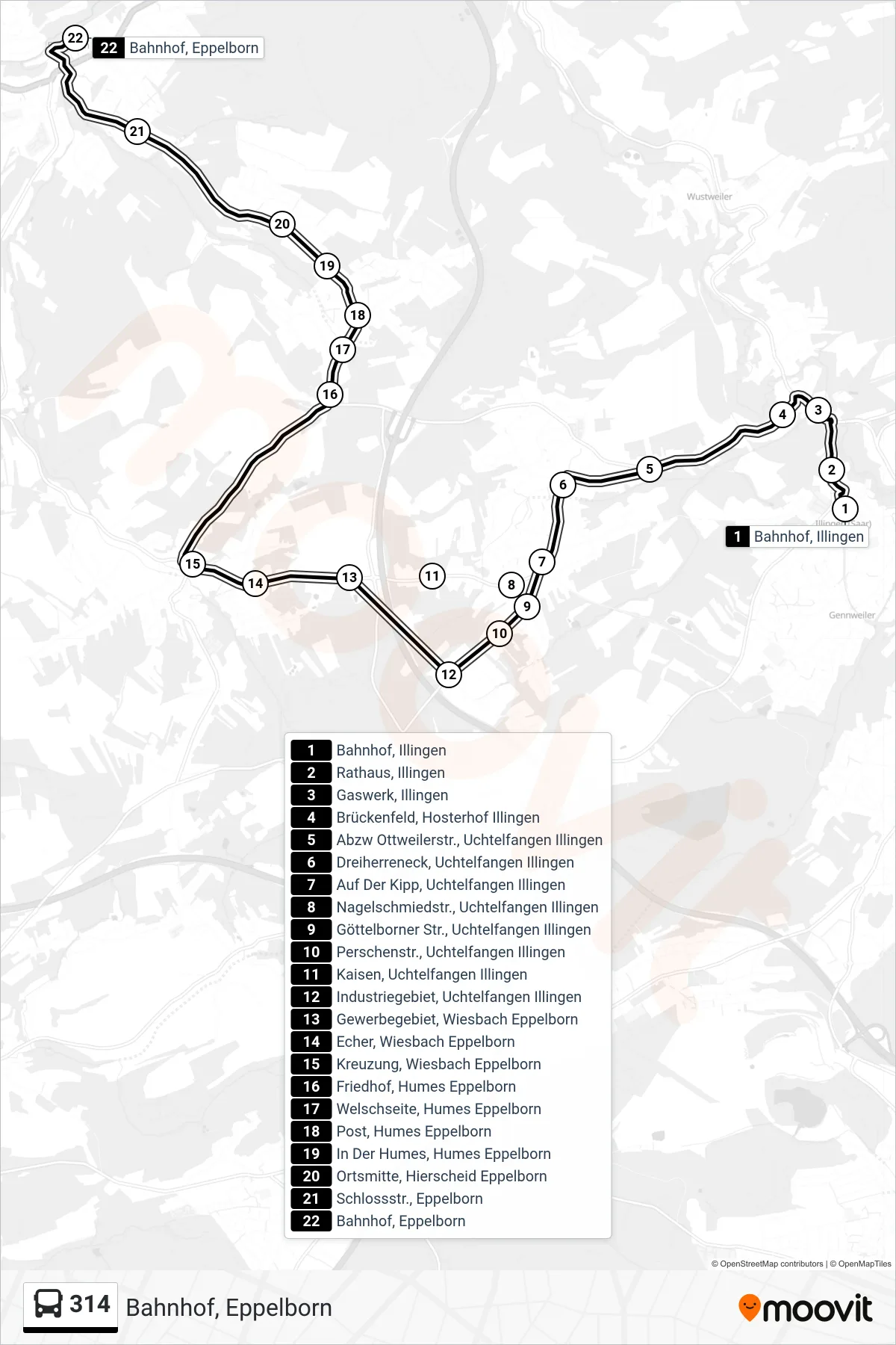 Linie 314 (Bus) Richtung Bahnhof, Eppelborn: Route und Haltestellen auf der Karte