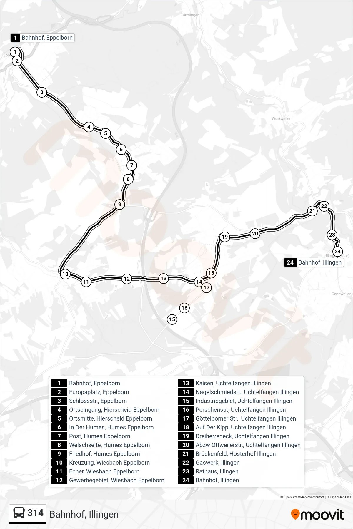 314 bus Line (Bahnhof, Illingen) route and stops on a map
