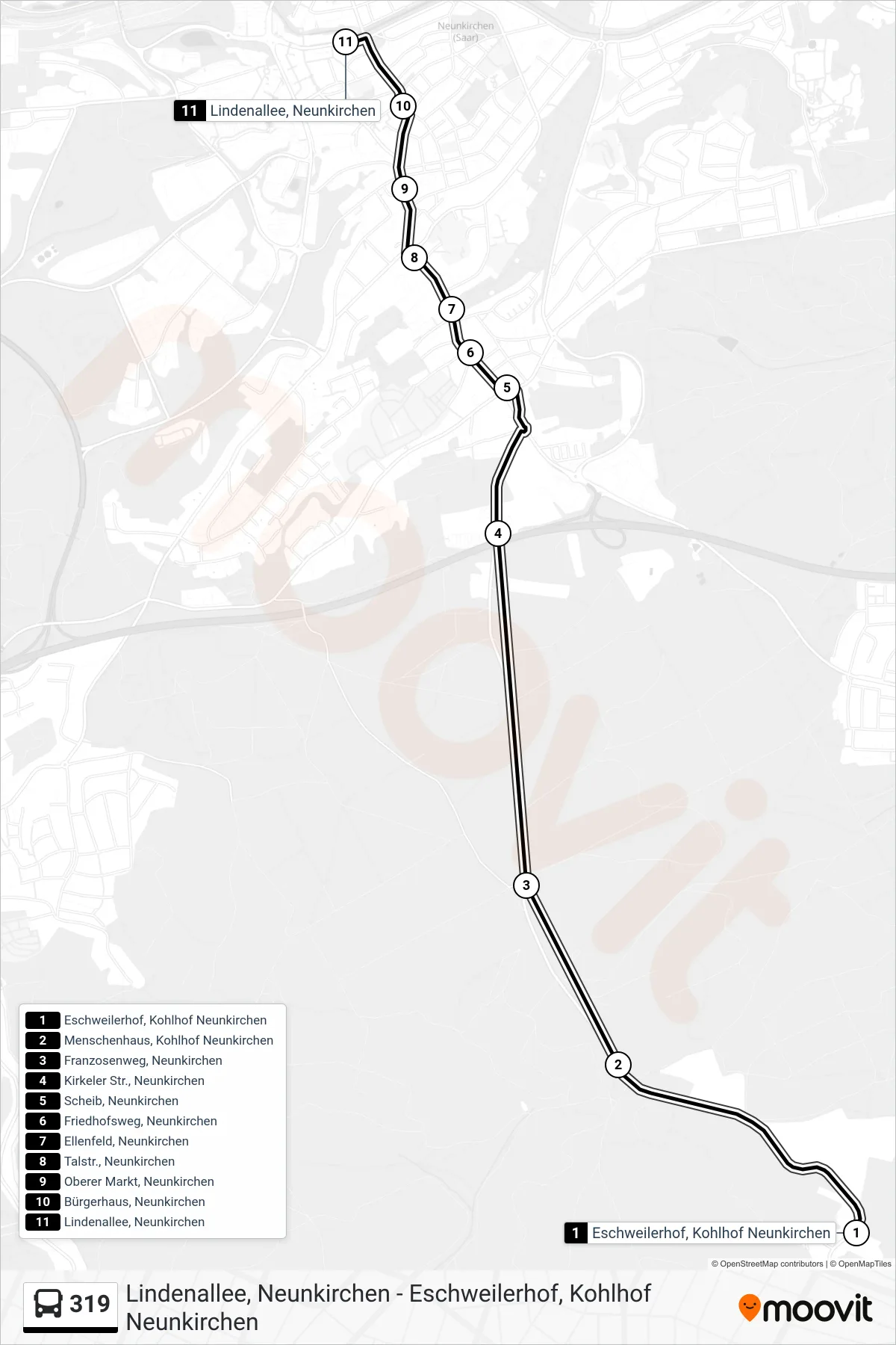 319 bus Line (Lindenallee, Neunkirchen) route and stops on a map