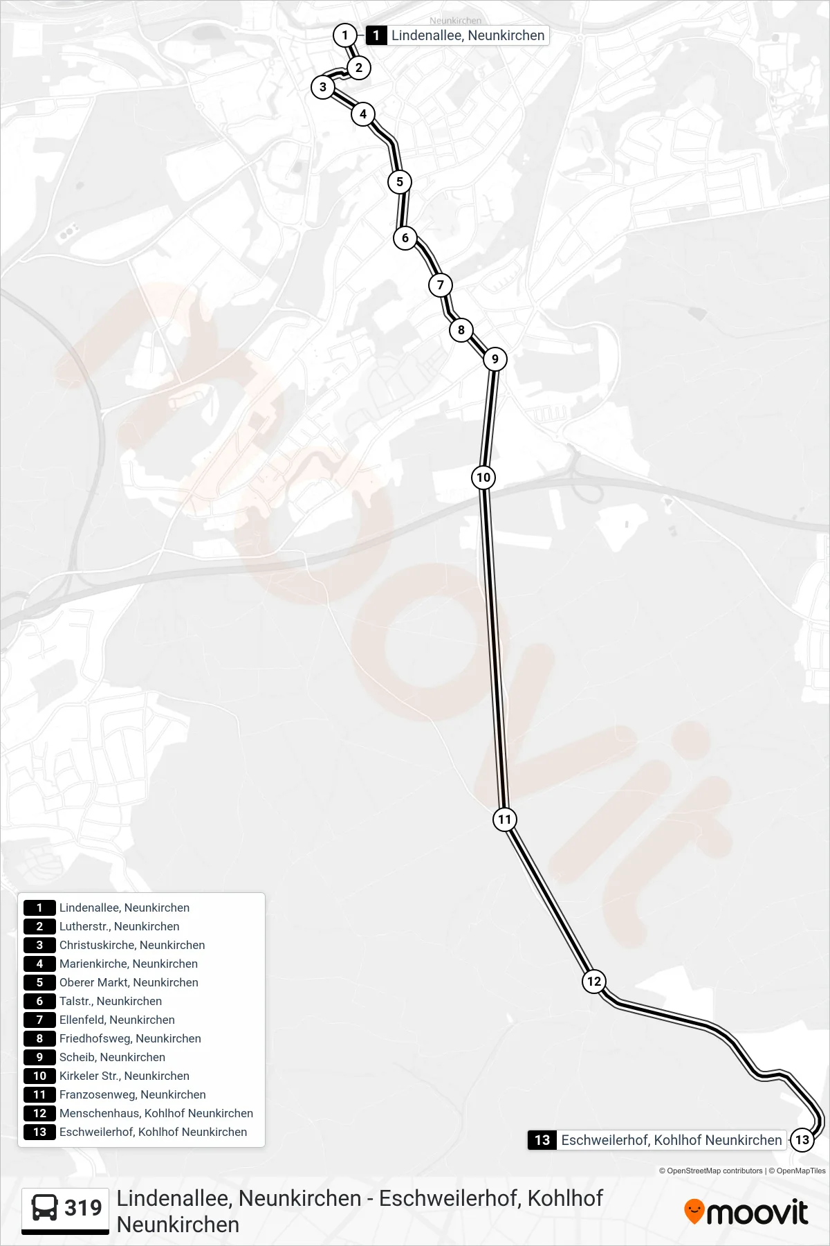 Linie 319 (Bus) Richtung Eschweilerhof, Kohlhof Neunkirchen: Route und Haltestellen auf der Karte