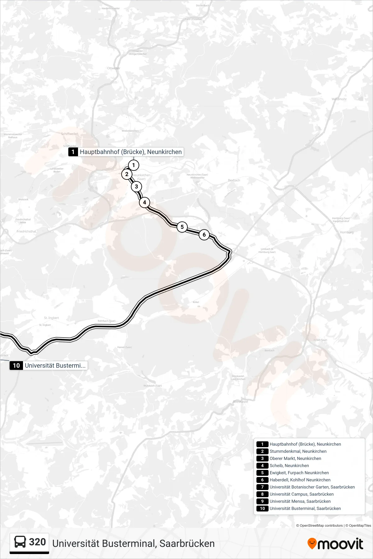 320 bus Line (Universität Busterminal, Saarbrücken) route and stops on a map