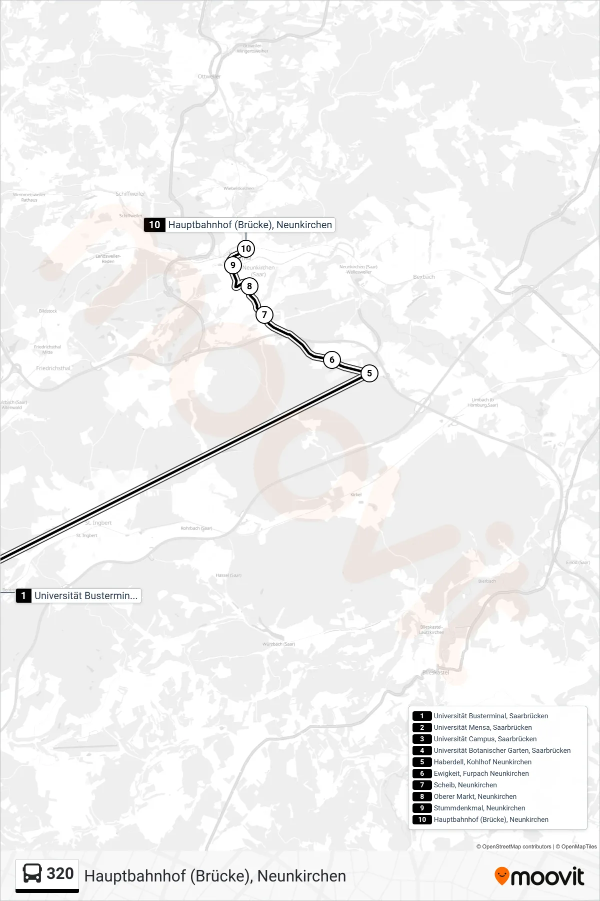 Linie 320 (Bus) Richtung Hauptbahnhof (Brücke), Neunkirchen: Route und Haltestellen auf der Karte