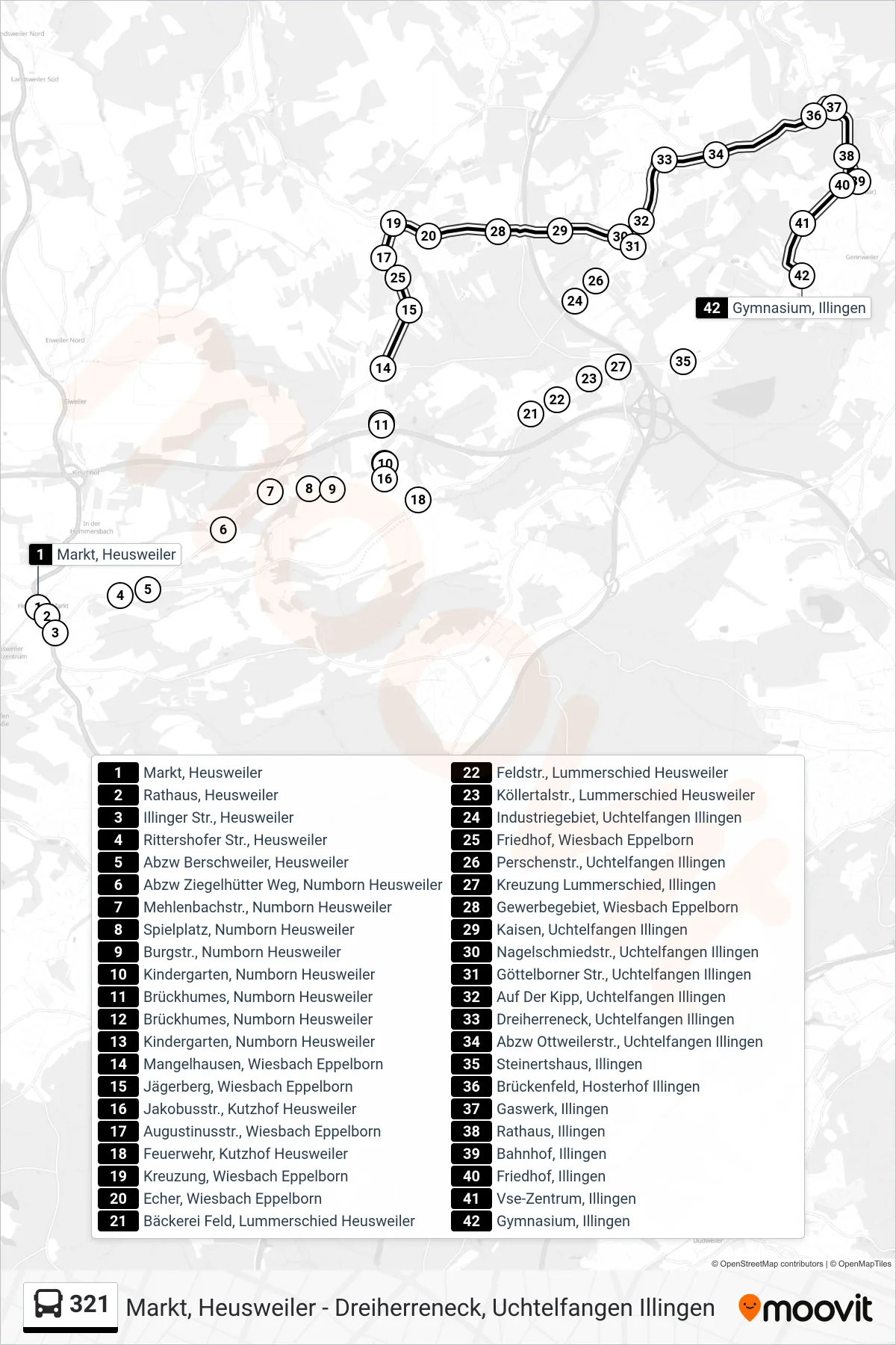321 bus Line (Gymnasium, Illingen) route and stops on a map
