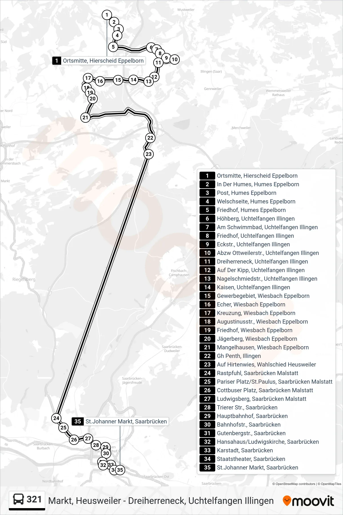 321 bus Line (St.Johanner Markt, Saarbrücken) route and stops on a map