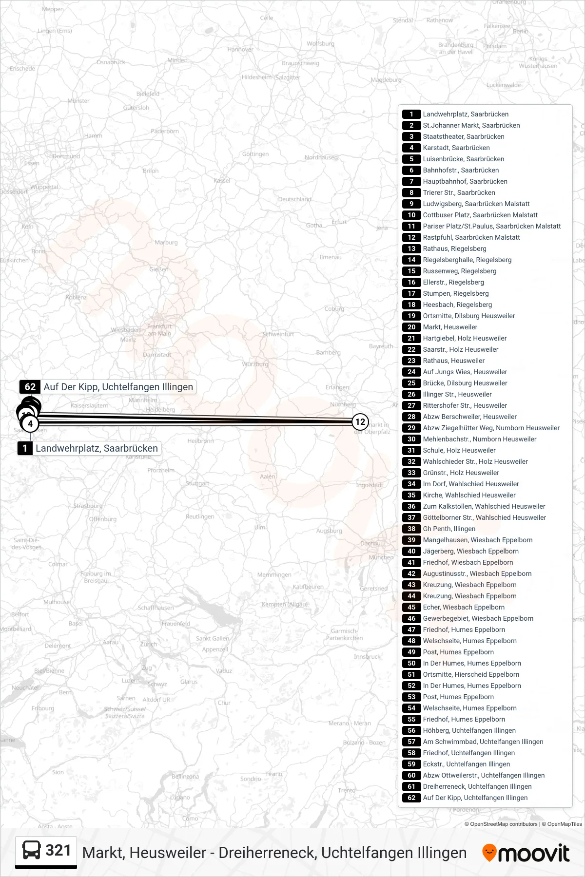 321 bus Line (Auf Der Kipp, Uchtelfangen Illingen) route and stops on a map