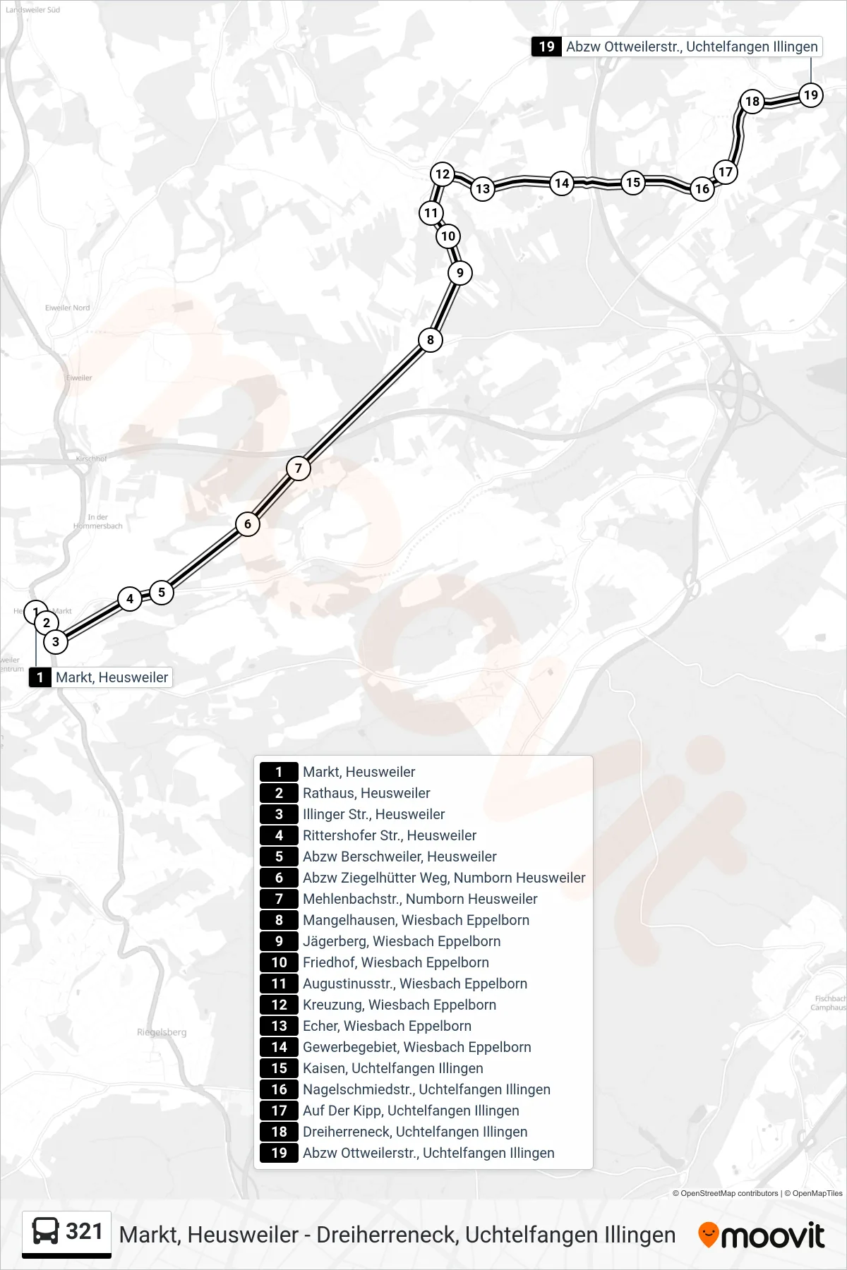 321 bus Line (Abzw Ottweilerstr., Uchtelfangen Illingen) route and stops on a map
