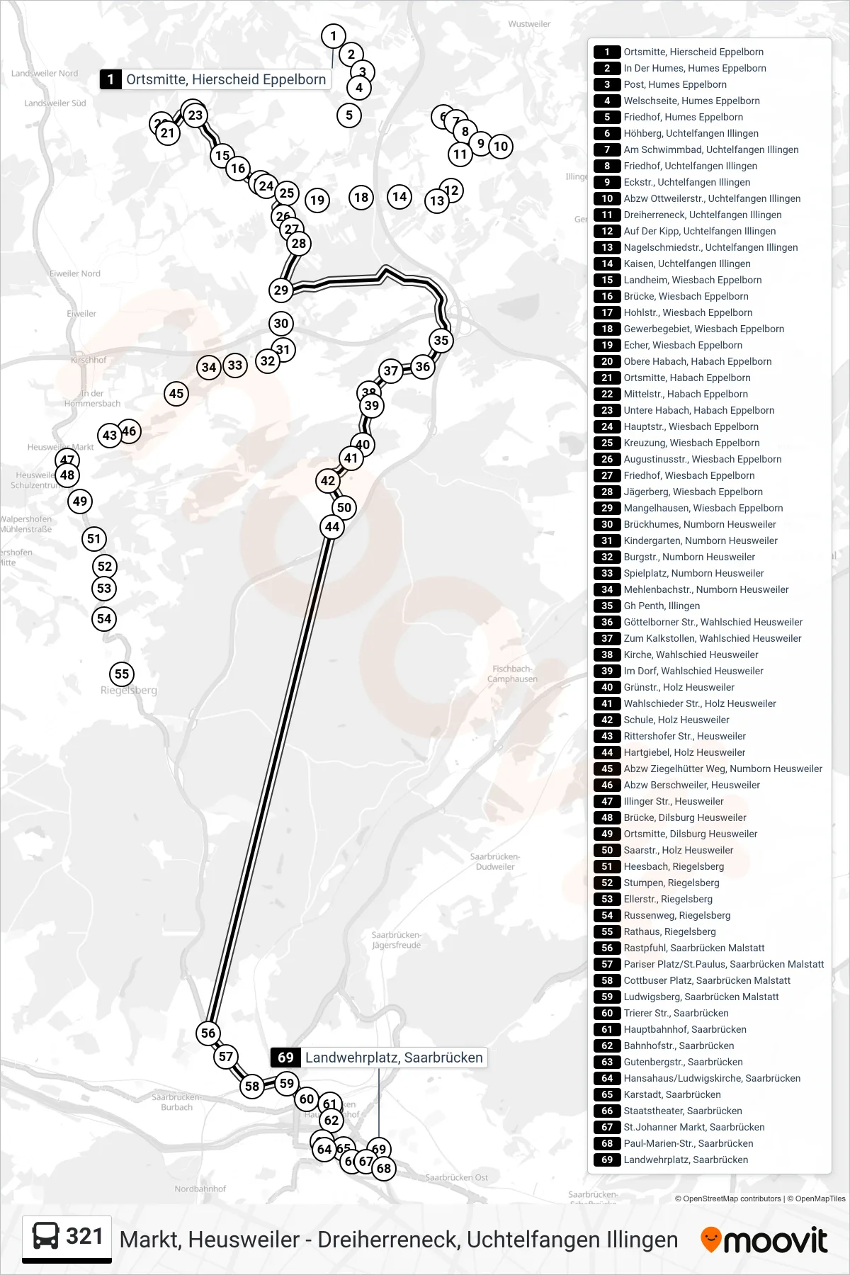 321 bus Line (Landwehrplatz, Saarbrücken) route and stops on a map