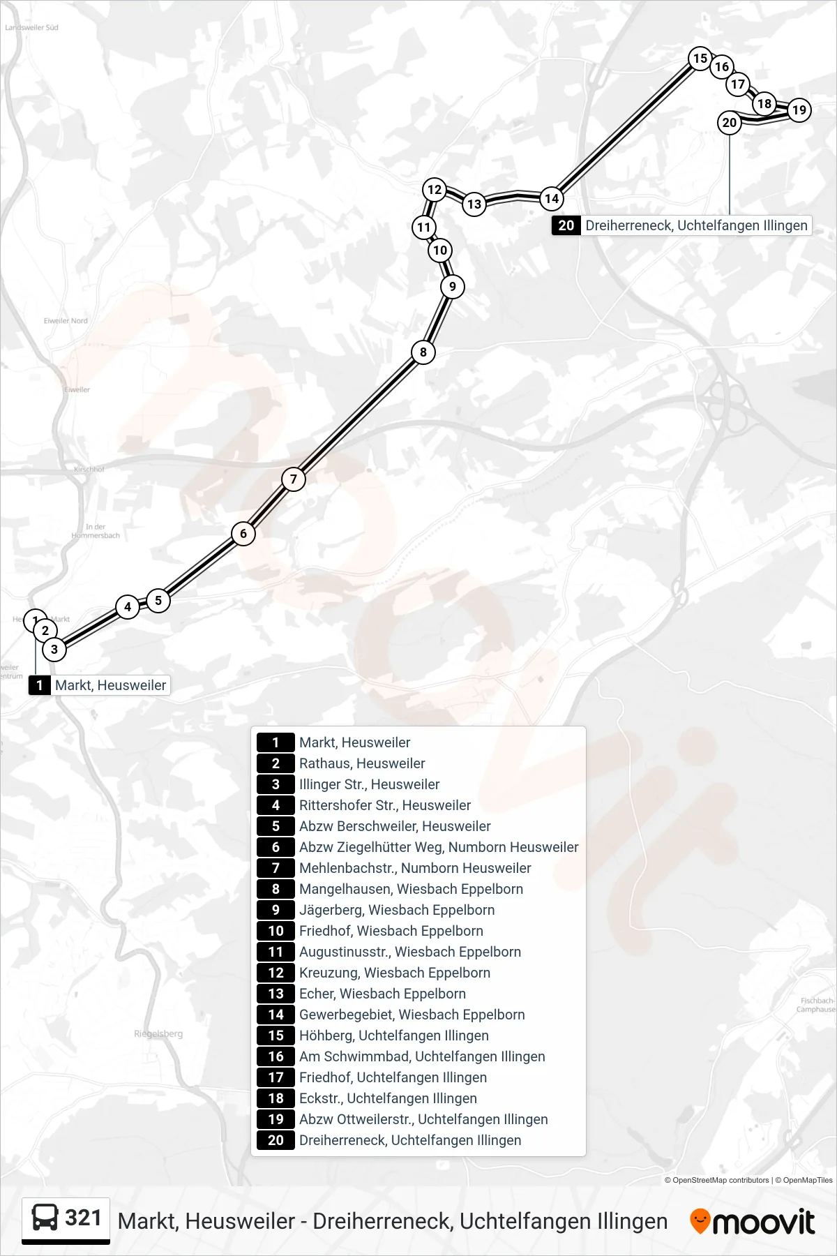 321 bus Line (Dreiherreneck, Uchtelfangen Illingen) route and stops on a map