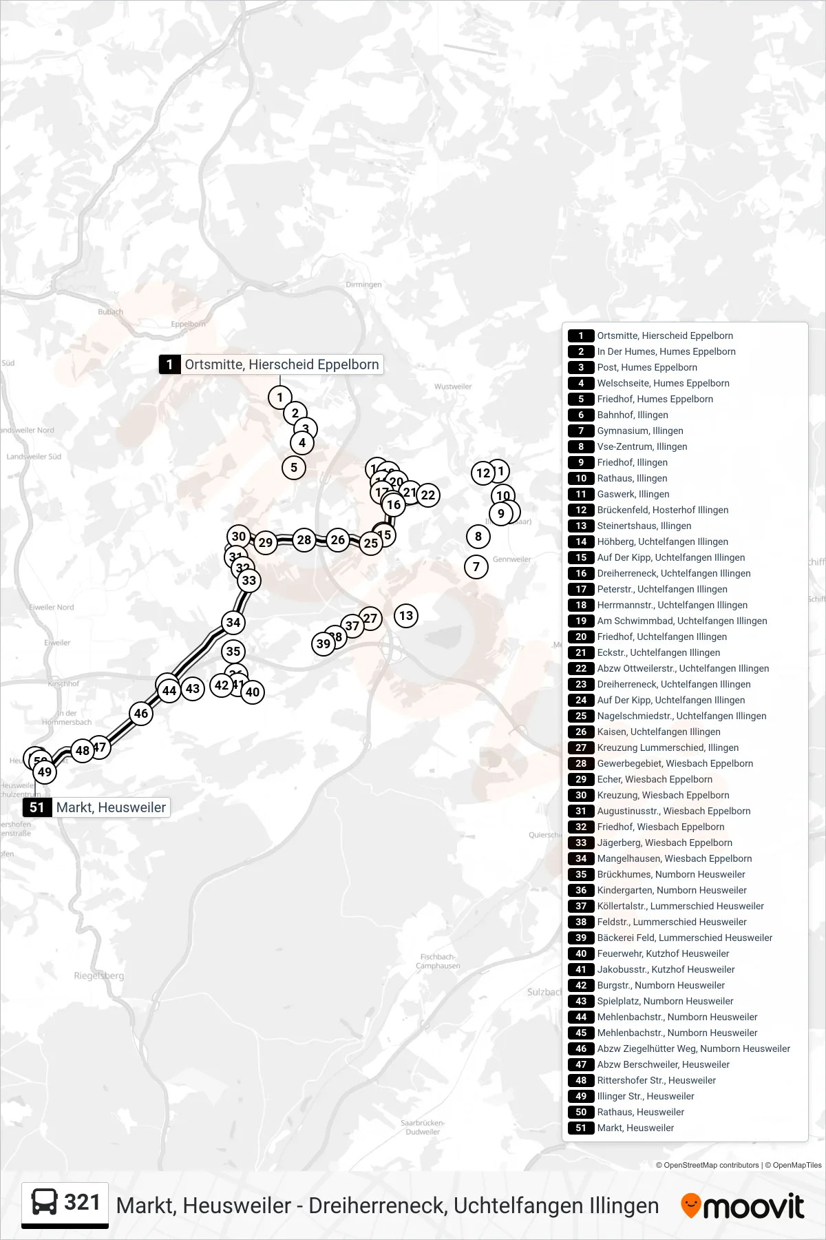 321 bus Line (Markt, Heusweiler) route and stops on a map