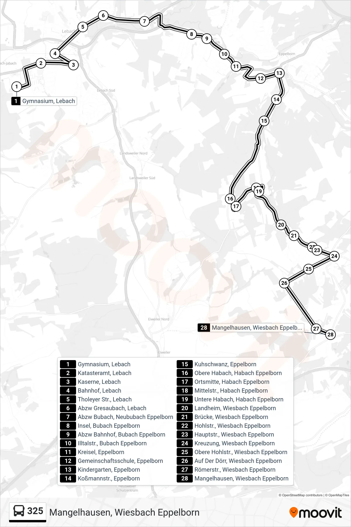 325 bus Line (Mangelhausen, Wiesbach Eppelborn) route and stops on a map